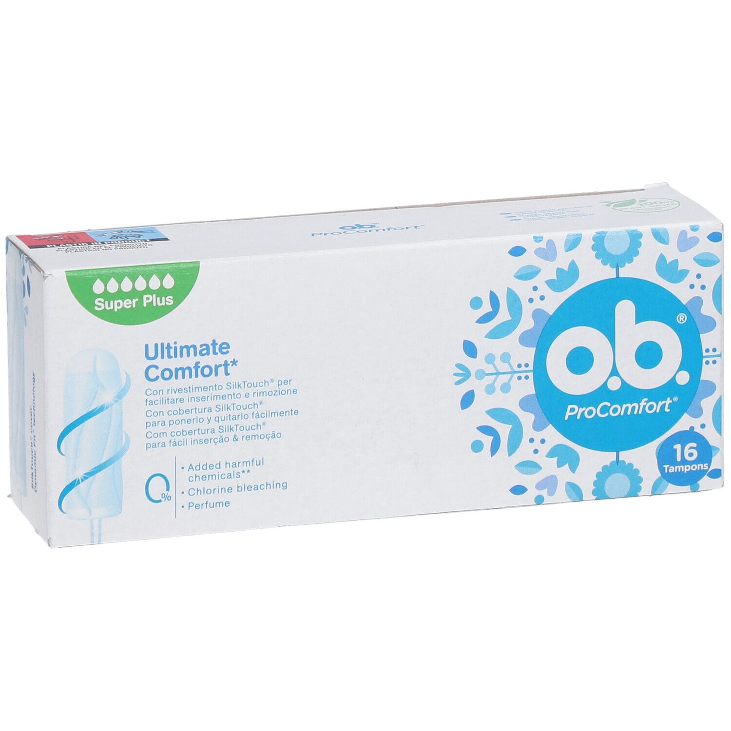 Packung o.b.® ProComfort Super Plus Tampons. 16 Stück. Mit Ultimate Comfort und ProComfort Logo. Enthält keine schädlichen Chemikalien.