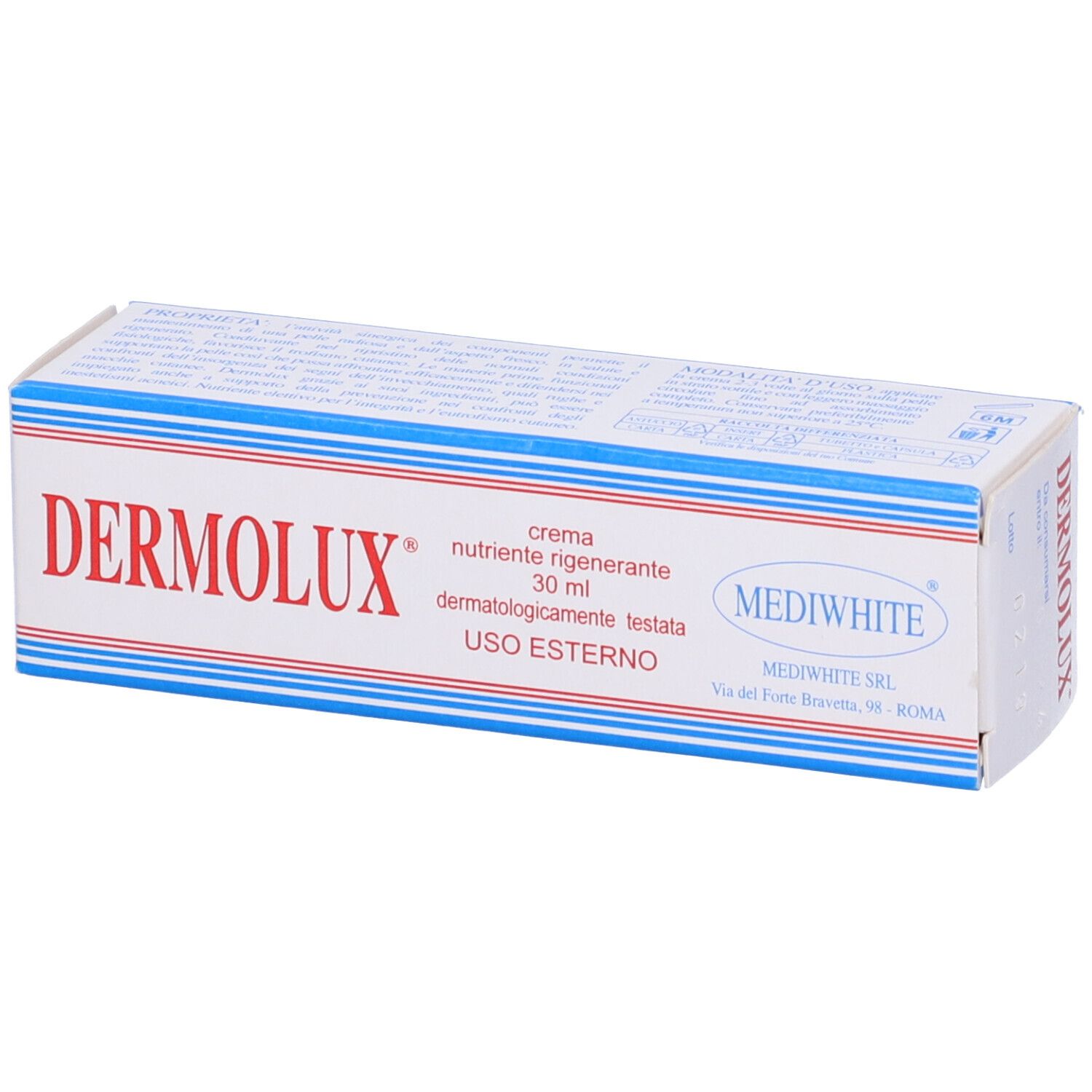 Scatola bianca con scritte rosse e blu. "DERMOLUX" e "MEDIWHITE" sono scritti sulla scatola.