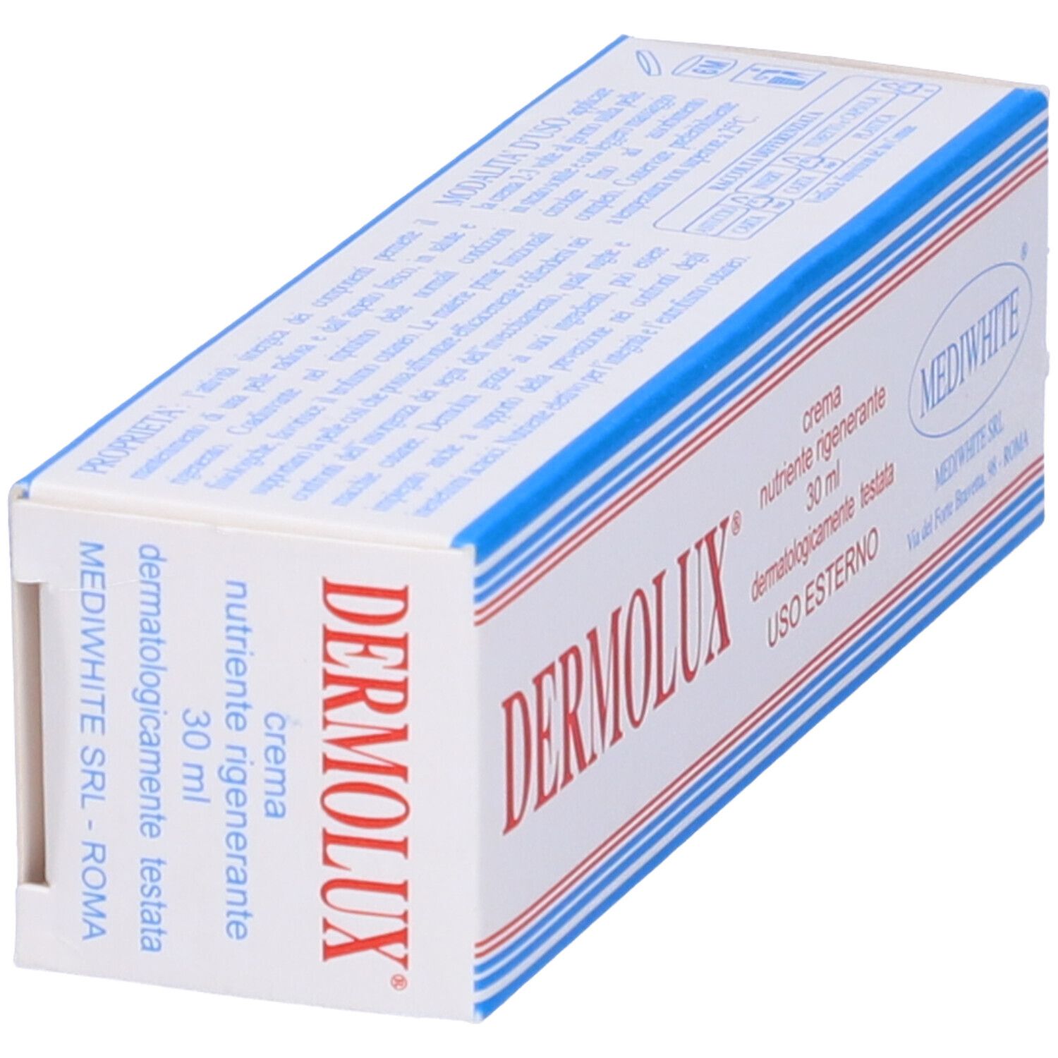 Scatola bianca con scritte rosse e blu. "DERMOLUX" e "MEDIWHITE" sono scritti sulla scatola.