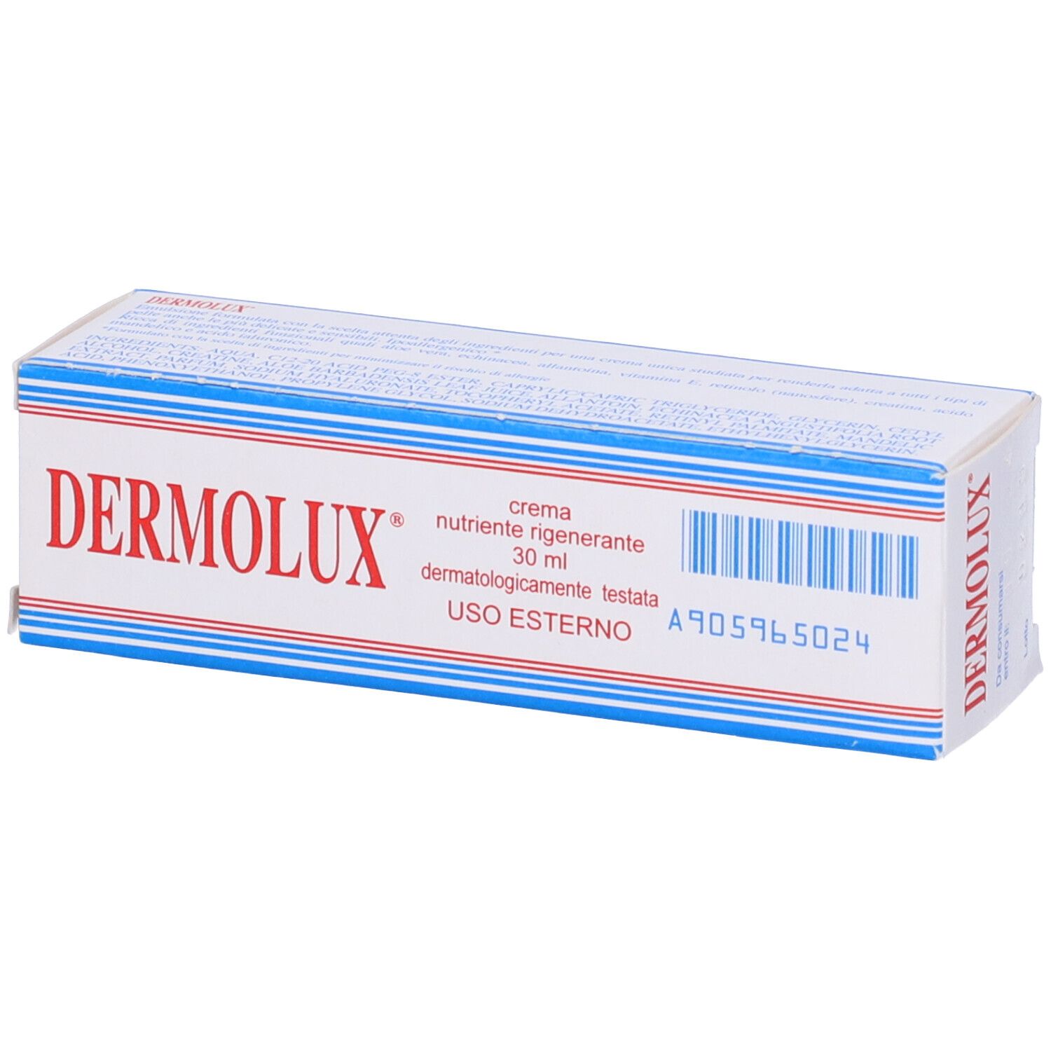 Scatola bianca con scritte rosse e blu. "DERMOLUX" e "MEDIWHITE" sono scritti sulla scatola.