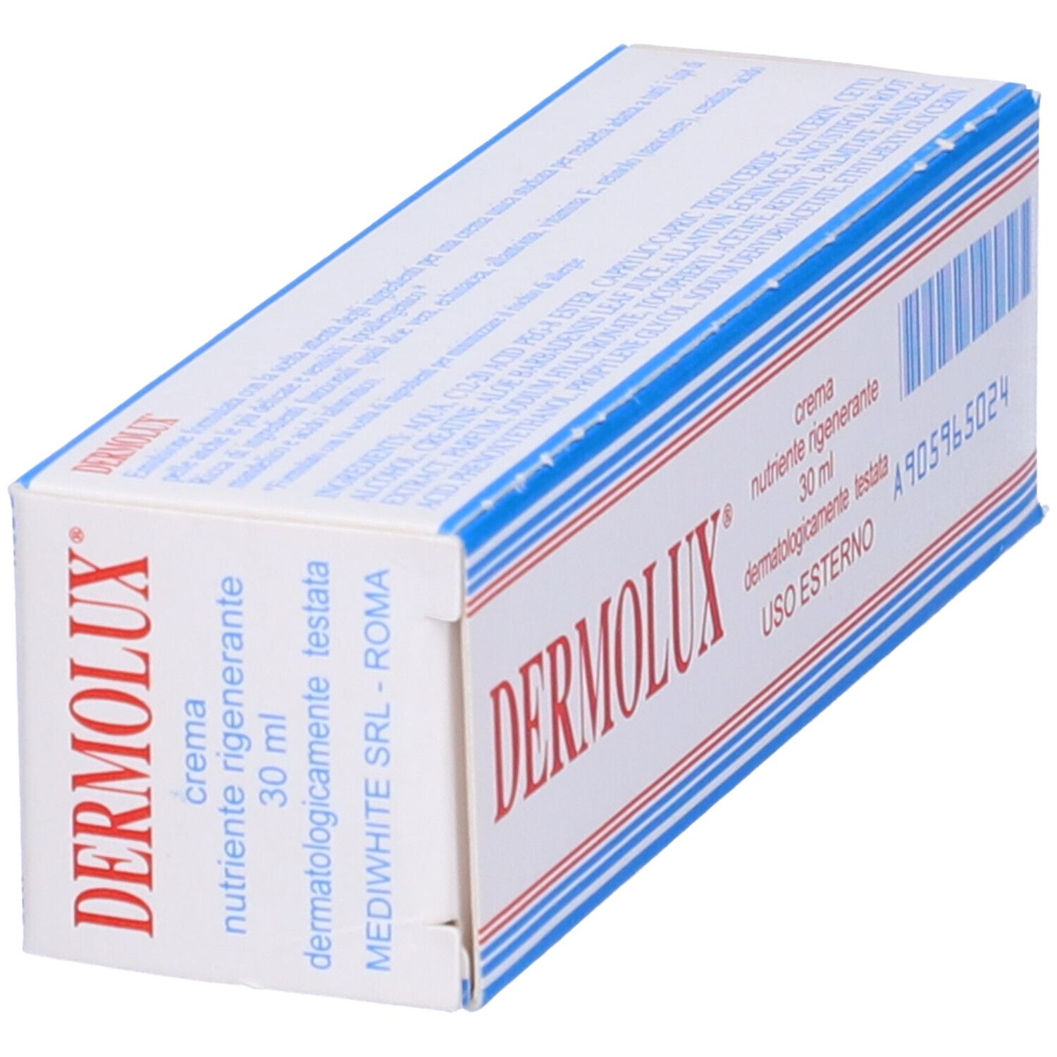 Scatola bianca con scritte rosse e blu. "DERMOLUX" e "MEDIWHITE" sono scritti sulla scatola.