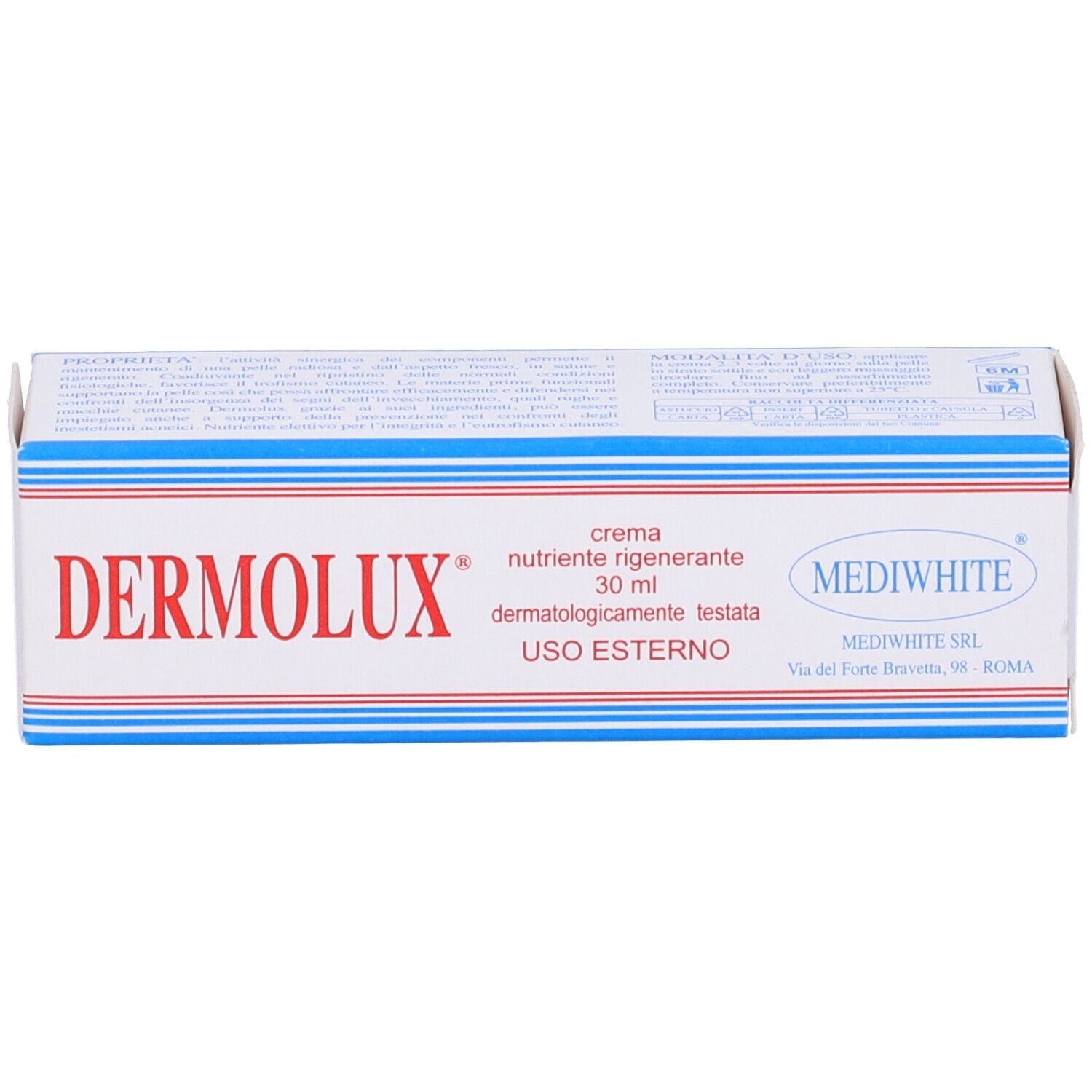 Scatola bianca con scritte rosse e blu. "DERMOLUX" e "MEDIWHITE" sono scritti sulla scatola.