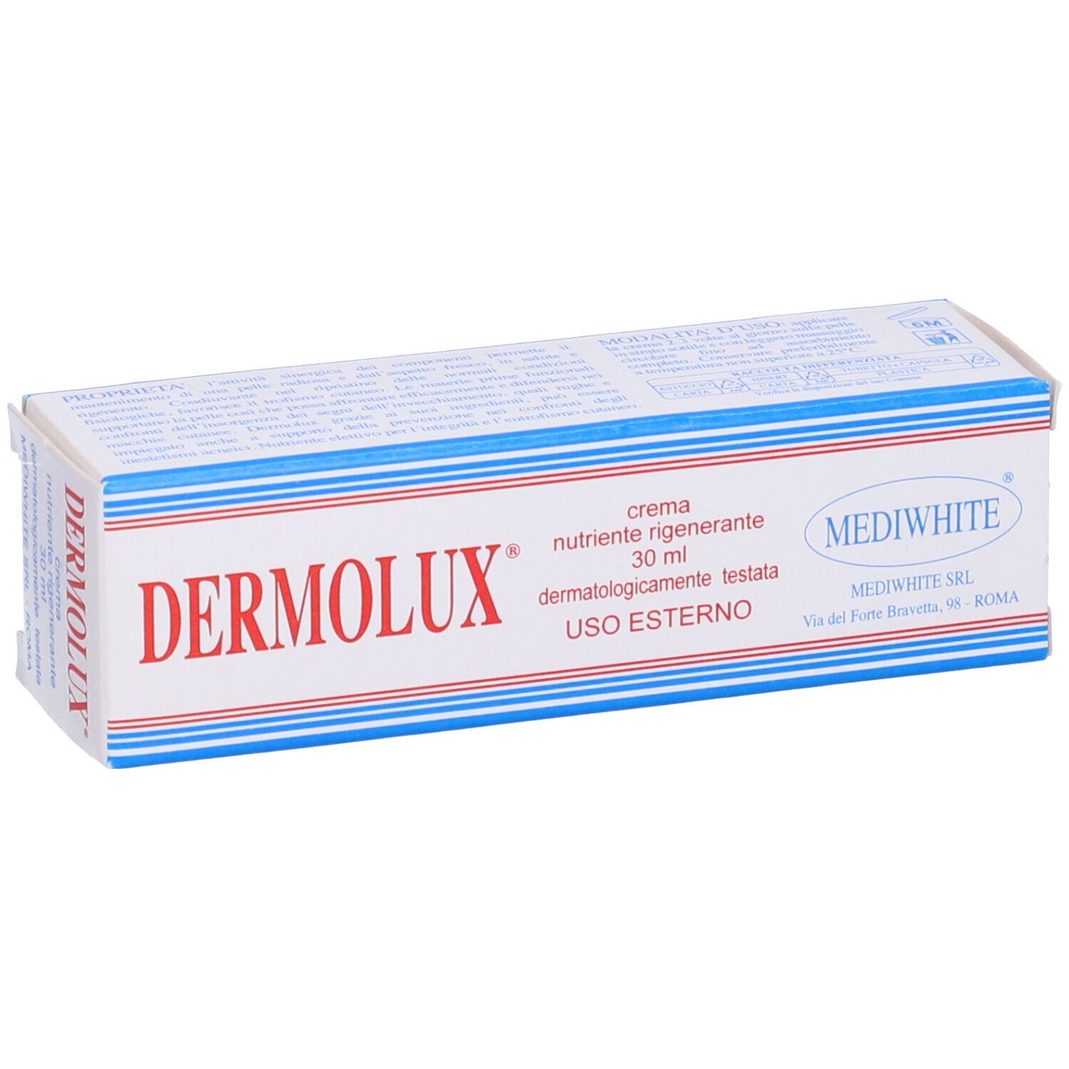 Scatola bianca con scritte rosse e blu. "DERMOLUX" e "MEDIWHITE" sono scritti sulla scatola.