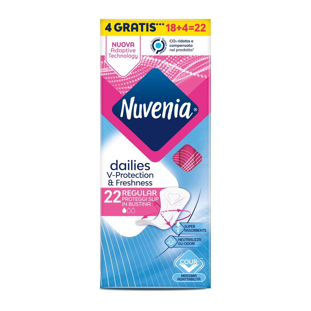 Confezione di prodotti Nuvenia. Colori rosa e blu. Testo: dailies, V-Protection & Freshness, 22 Regular Proteggi Slip in bustina.