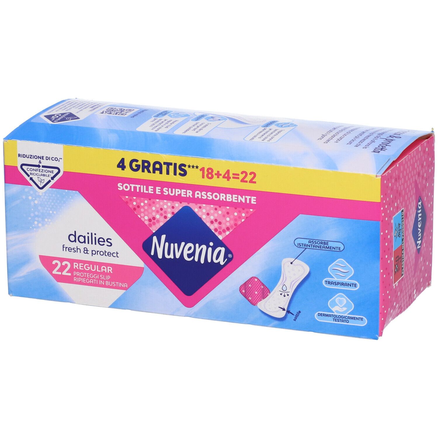 Confezione di prodotti Nuvenia. Colori rosa e blu. Testo: dailies, fresh & protect, 22 Regular Proteggi Slip in bustina. 4 gratis.
