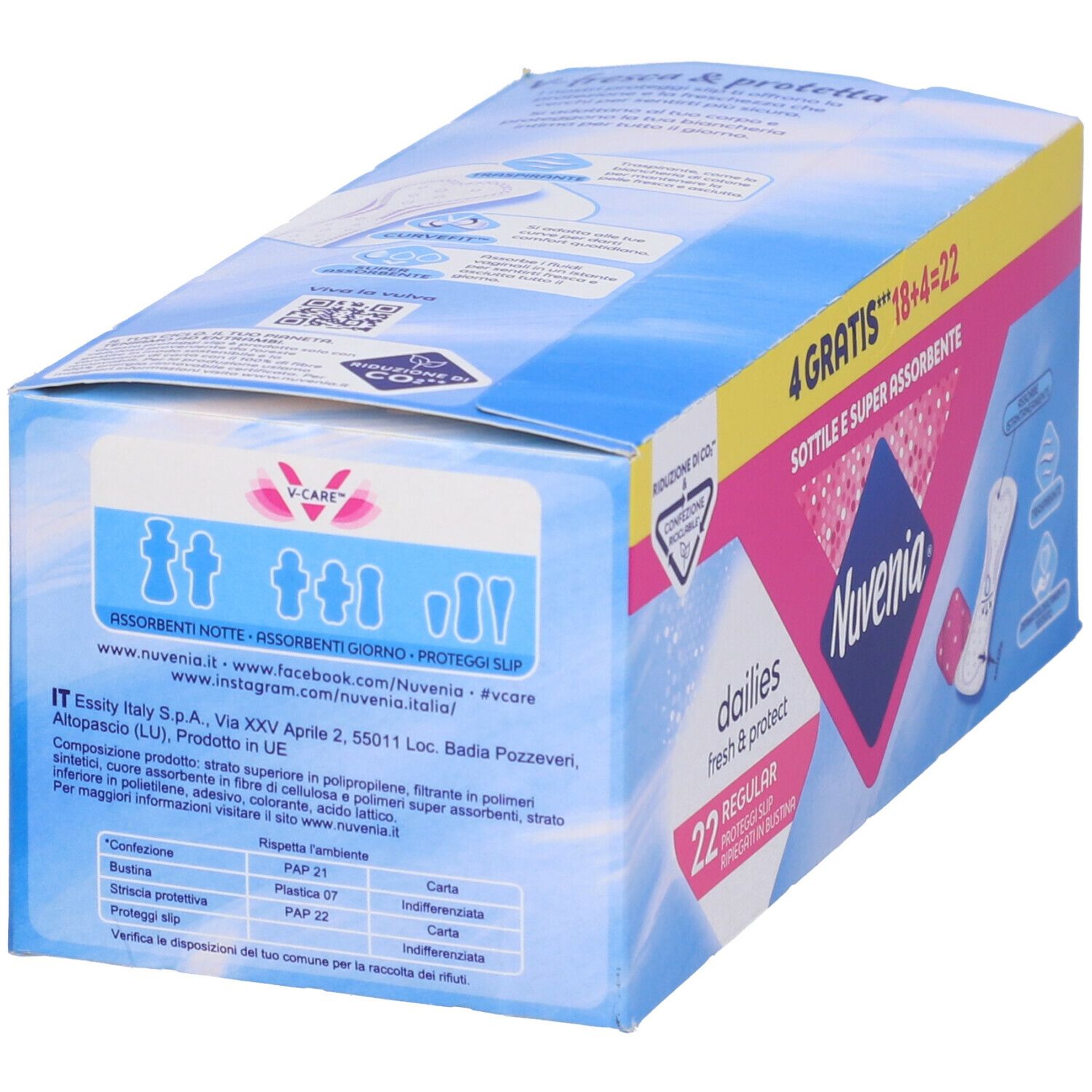 Confezione di prodotti Nuvenia. Colori rosa e blu. Testo: dailies, fresh & protect, 22 Regular Proteggi Slip in bustina. 4 gratis.