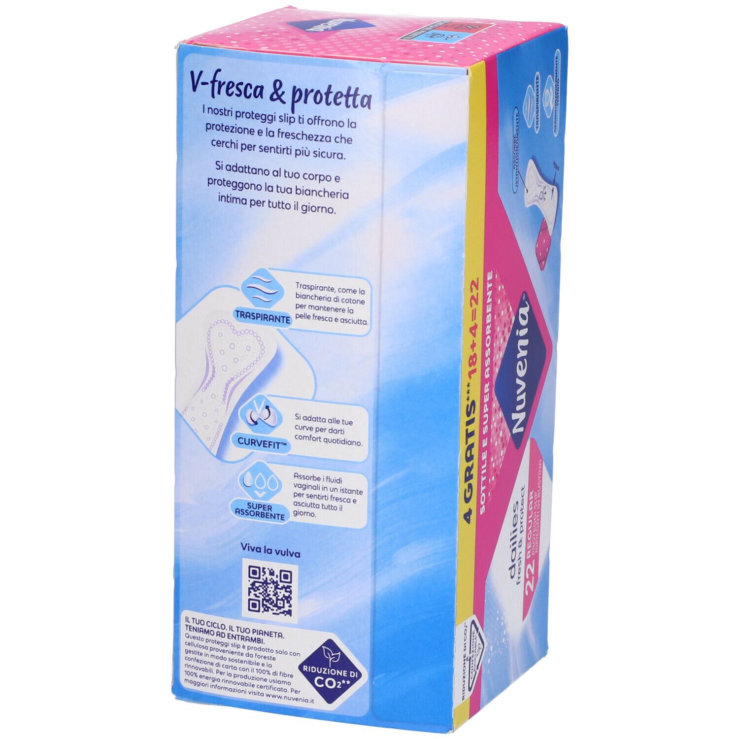 Confezione di prodotti Nuvenia. Colori rosa e blu. Testo: dailies, fresh & protect, 22 Regular Proteggi Slip in bustina. 4 gratis.