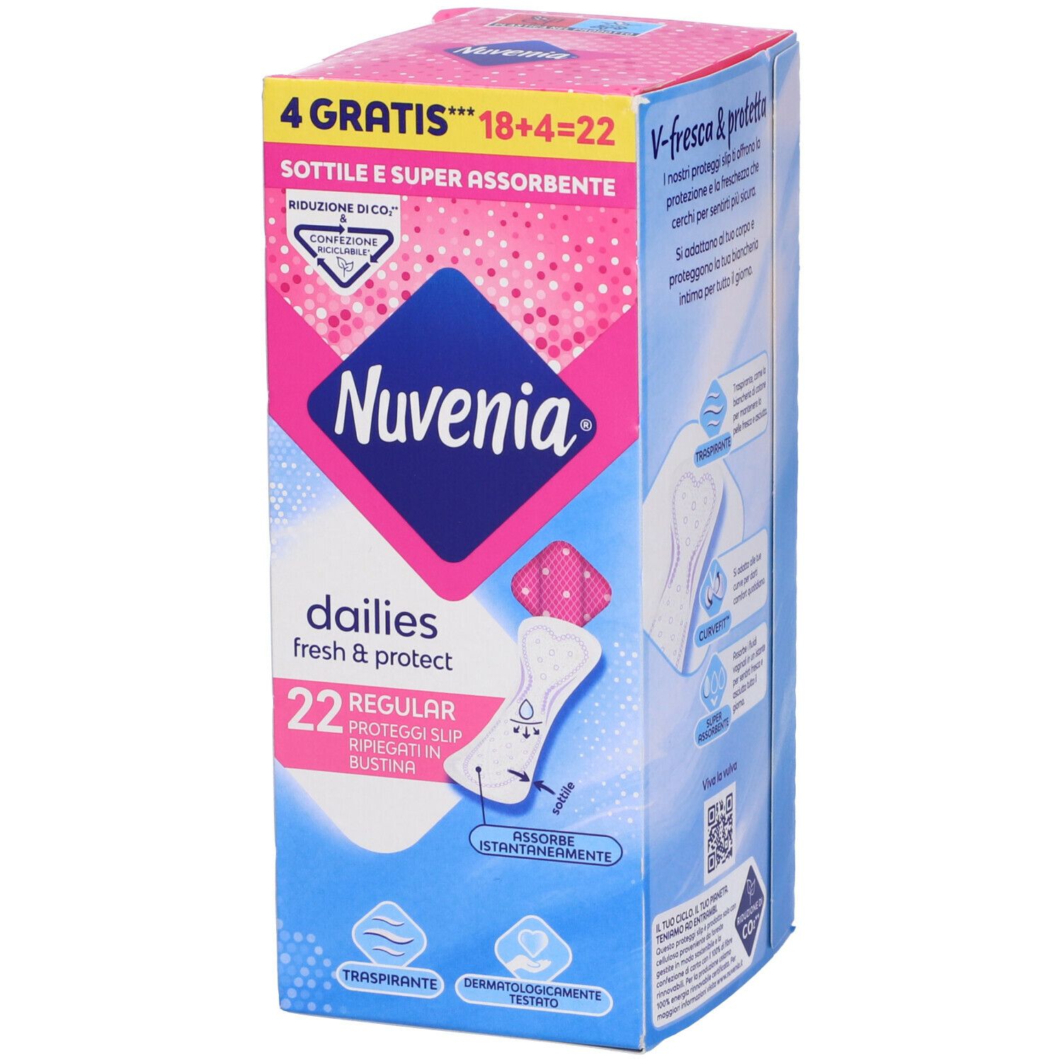 Confezione di prodotti Nuvenia. Colori rosa e blu. Testo: dailies, fresh & protect, 22 Regular Proteggi Slip in bustina. 4 gratis.
