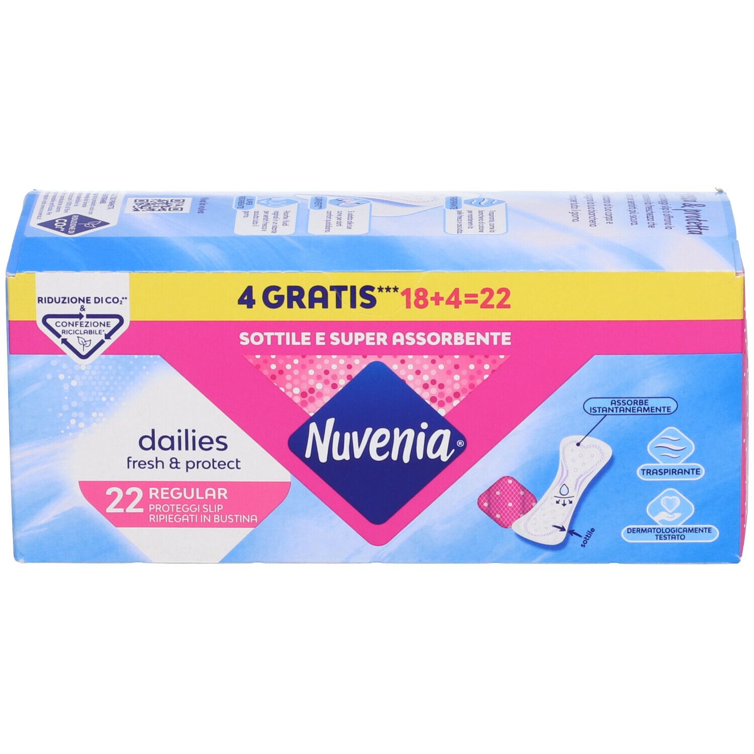 Confezione di prodotti Nuvenia. Colori rosa e blu. Testo: dailies, fresh & protect, 22 Regular Proteggi Slip in bustina. 4 gratis.