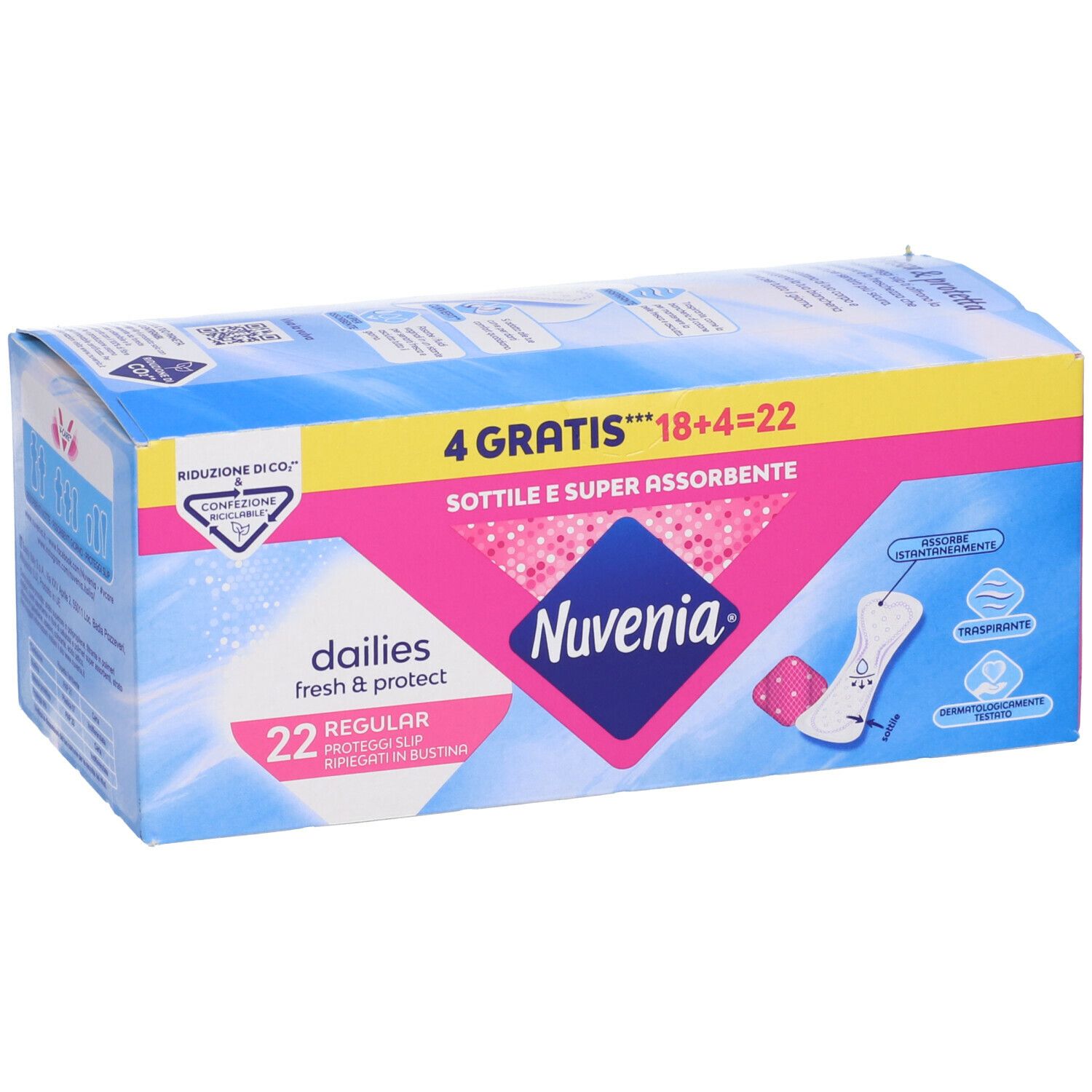 Confezione di prodotti Nuvenia. Colori rosa e blu. Testo: dailies, fresh & protect, 22 Regular Proteggi Slip in bustina. 4 gratis.