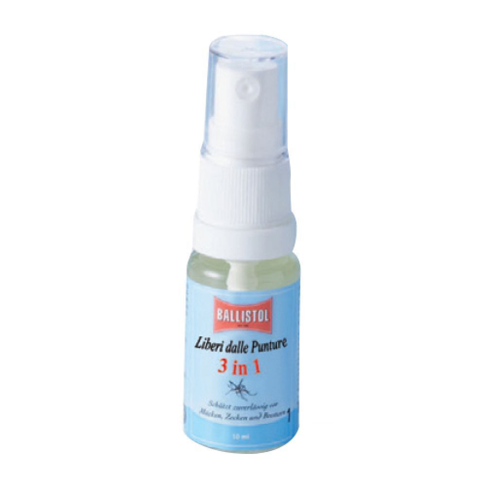 Spray Ballistol 3 in 1. Flacone blu con erogatore bianco. Testo: 'Libere dalle Punture'.