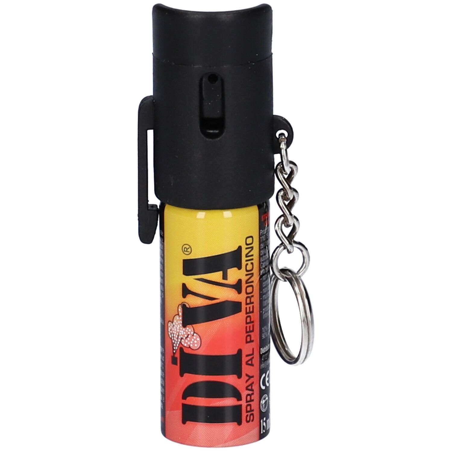 Diva Spray Antiaggressione. Bomboletta spray gialla e rossa con clip nera e portachiavi.