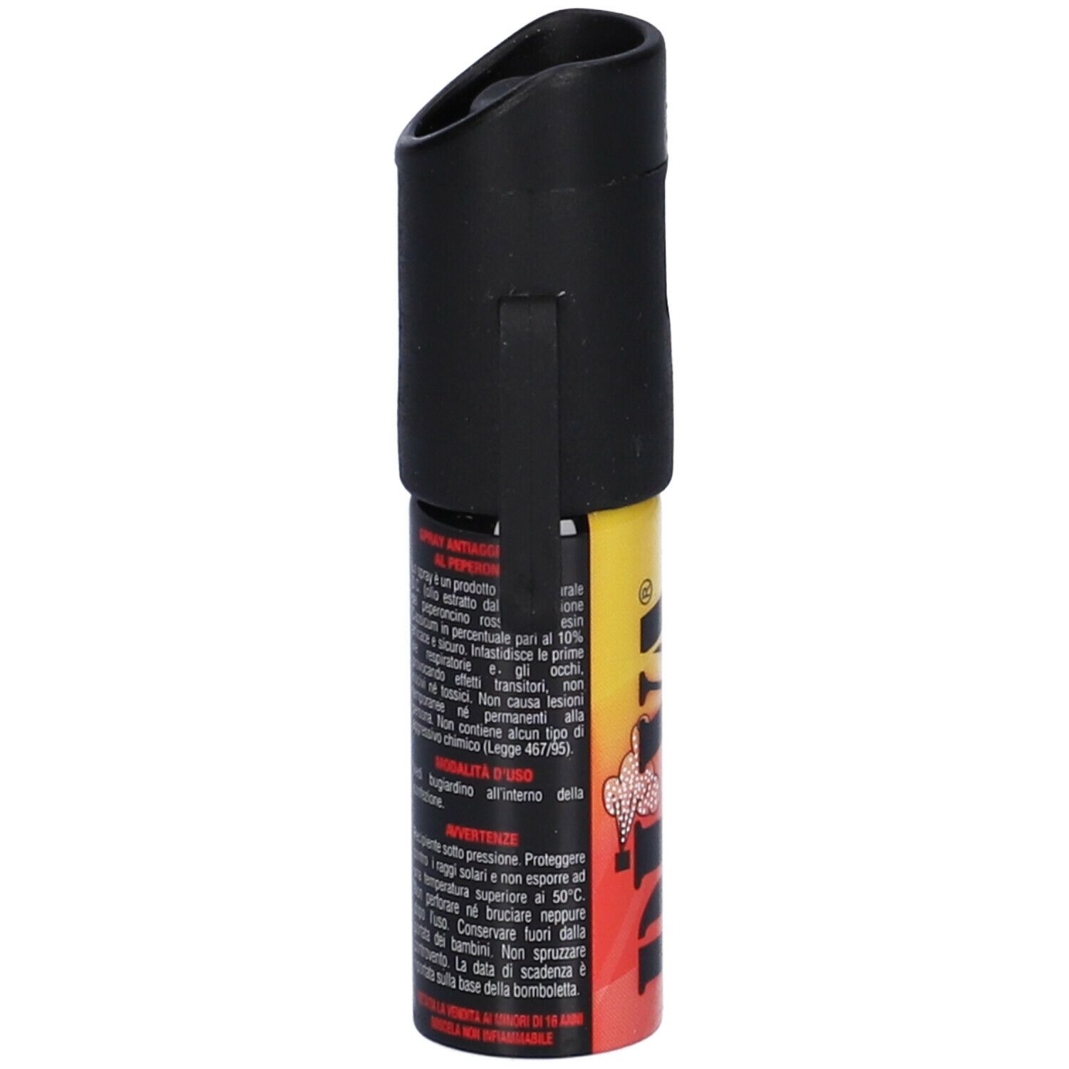 Diva Spray Antiaggressione. Bomboletta spray gialla e rossa con clip nera. Testo e avvertenze.