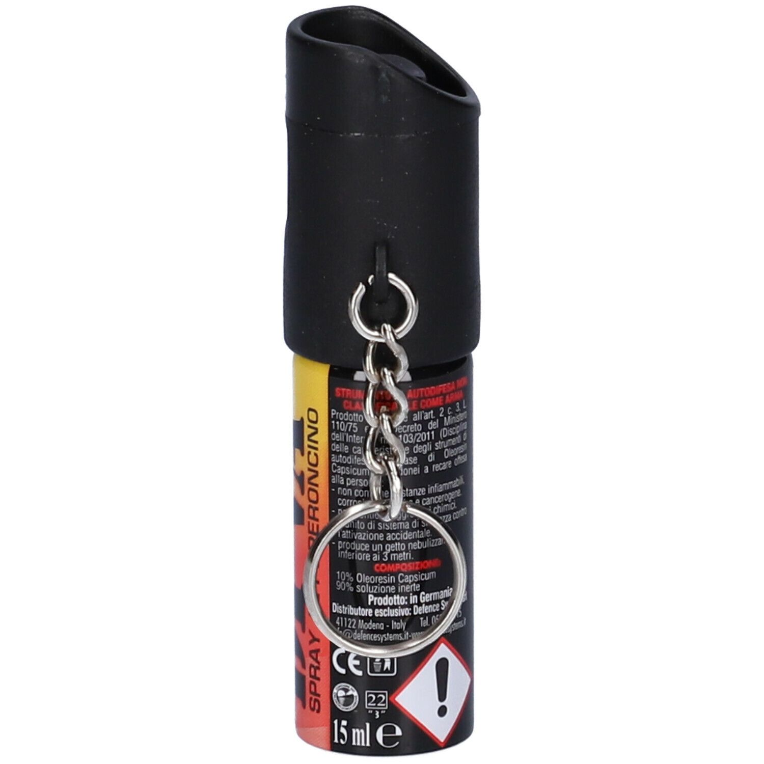 Diva Spray Antiaggressione. Bomboletta spray gialla e rossa con clip nera e portachiavi.