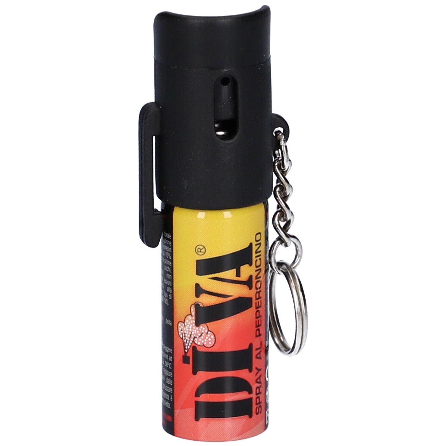 Diva Spray Antiaggressione. Bomboletta spray gialla e rossa con clip nera e portachiavi.