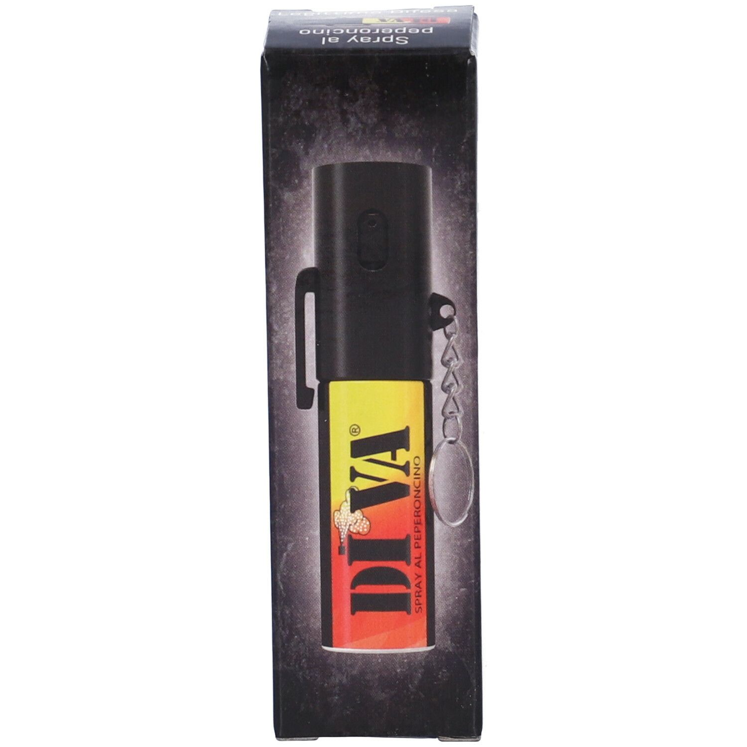 Diva Spray Antiaggressione. Bomboletta spray gialla e rossa con clip nera e portachiavi, in scatola.