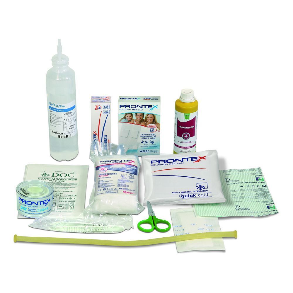 Kit di pronto soccorso con vari articoli medici, tra cui flaconi, bende, forbici e impacchi freddi.