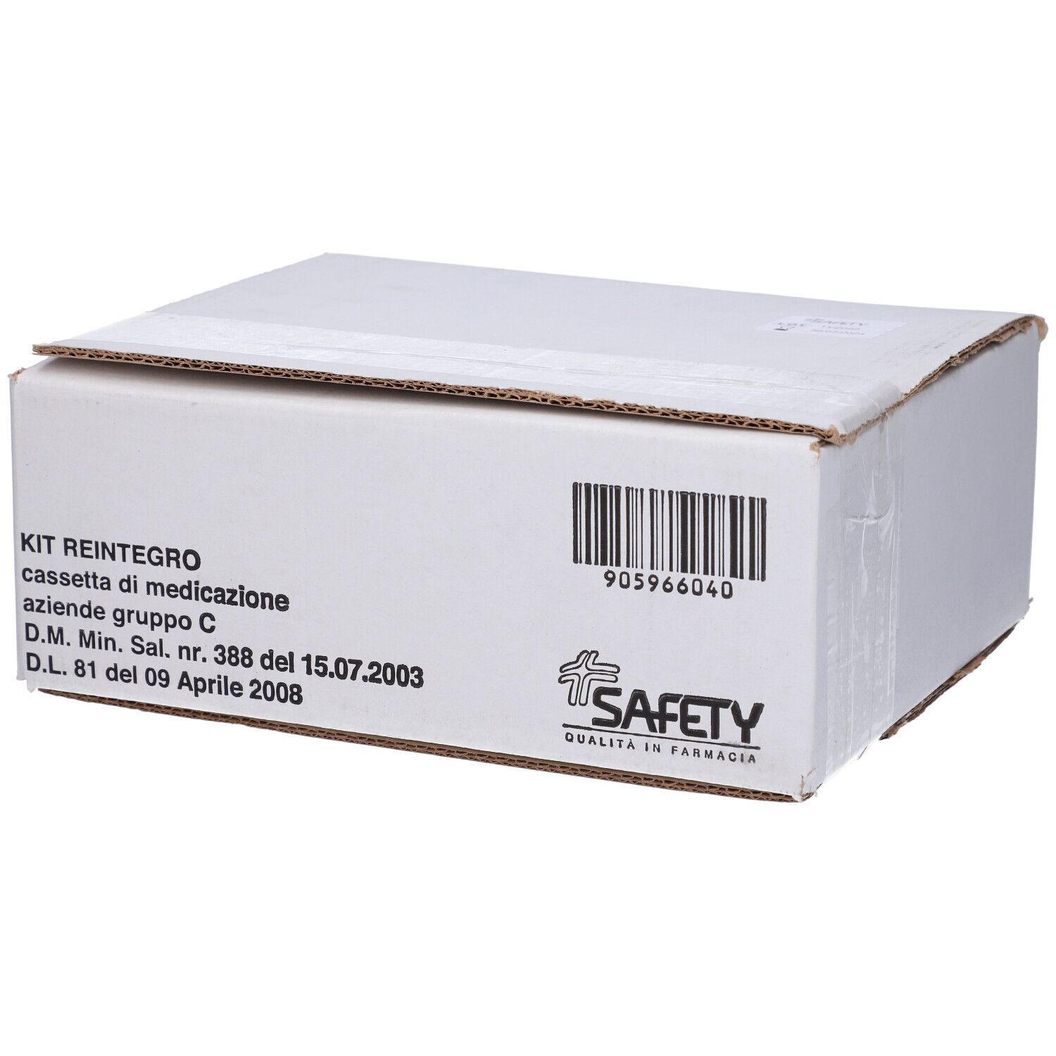 Scatola bianca con scritta KIT REINTEGRO, codice a barre e logo SAFETY. Testo in italiano.