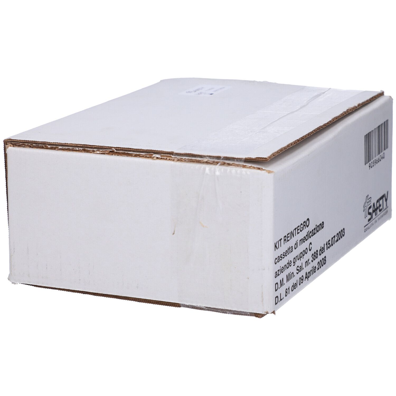 Scatola bianca con scritta KIT REINTEGRO, codice a barre e logo SAFETY. Testo in italiano.