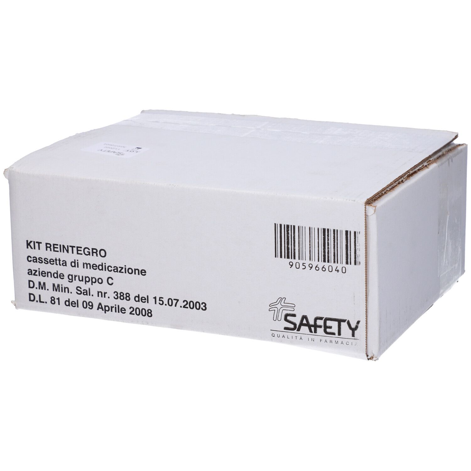 Scatola bianca con scritta KIT REINTEGRO, codice a barre e logo SAFETY. Testo in italiano.