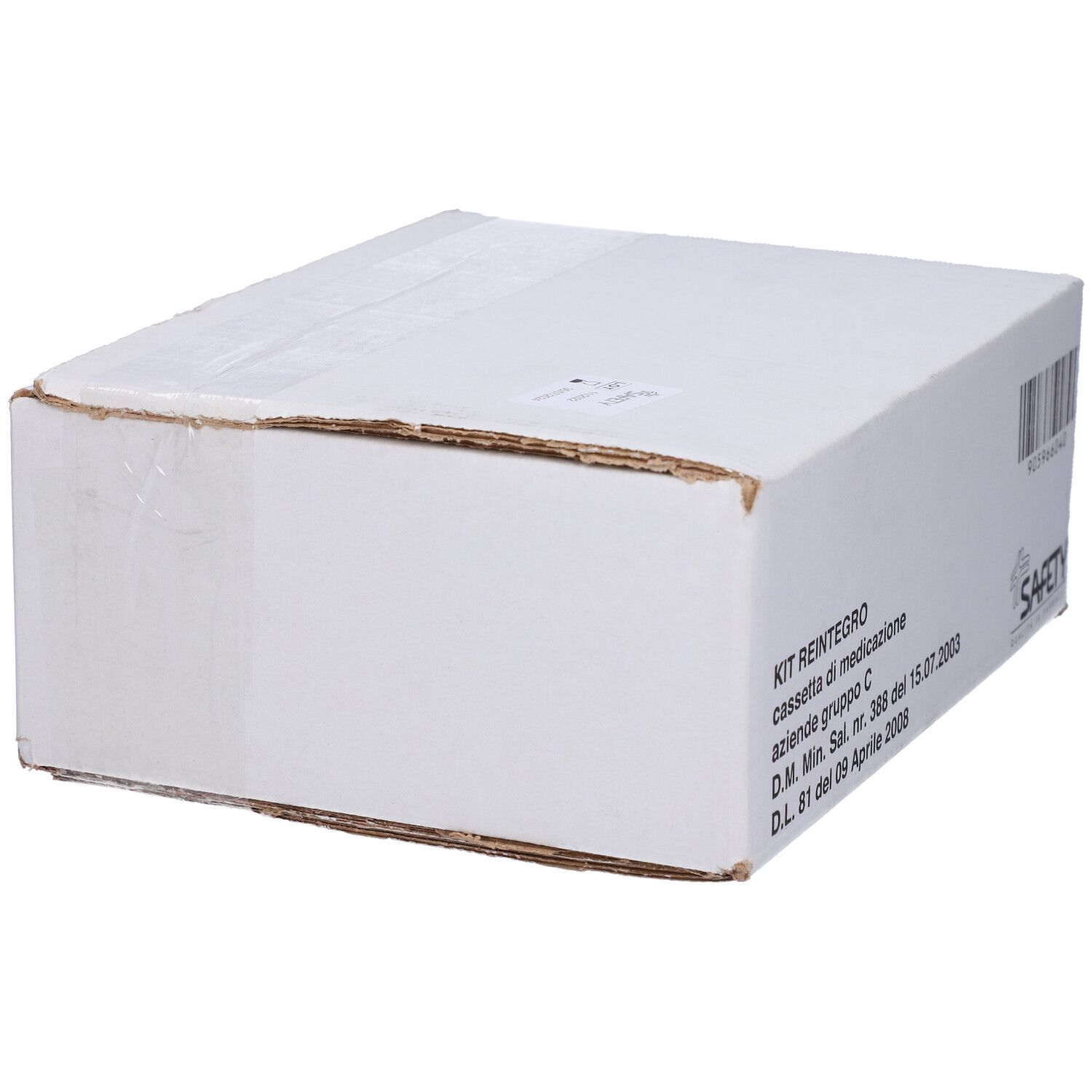 Scatola bianca con scritta KIT REINTEGRO, codice a barre e logo SAFETY. Testo in italiano.