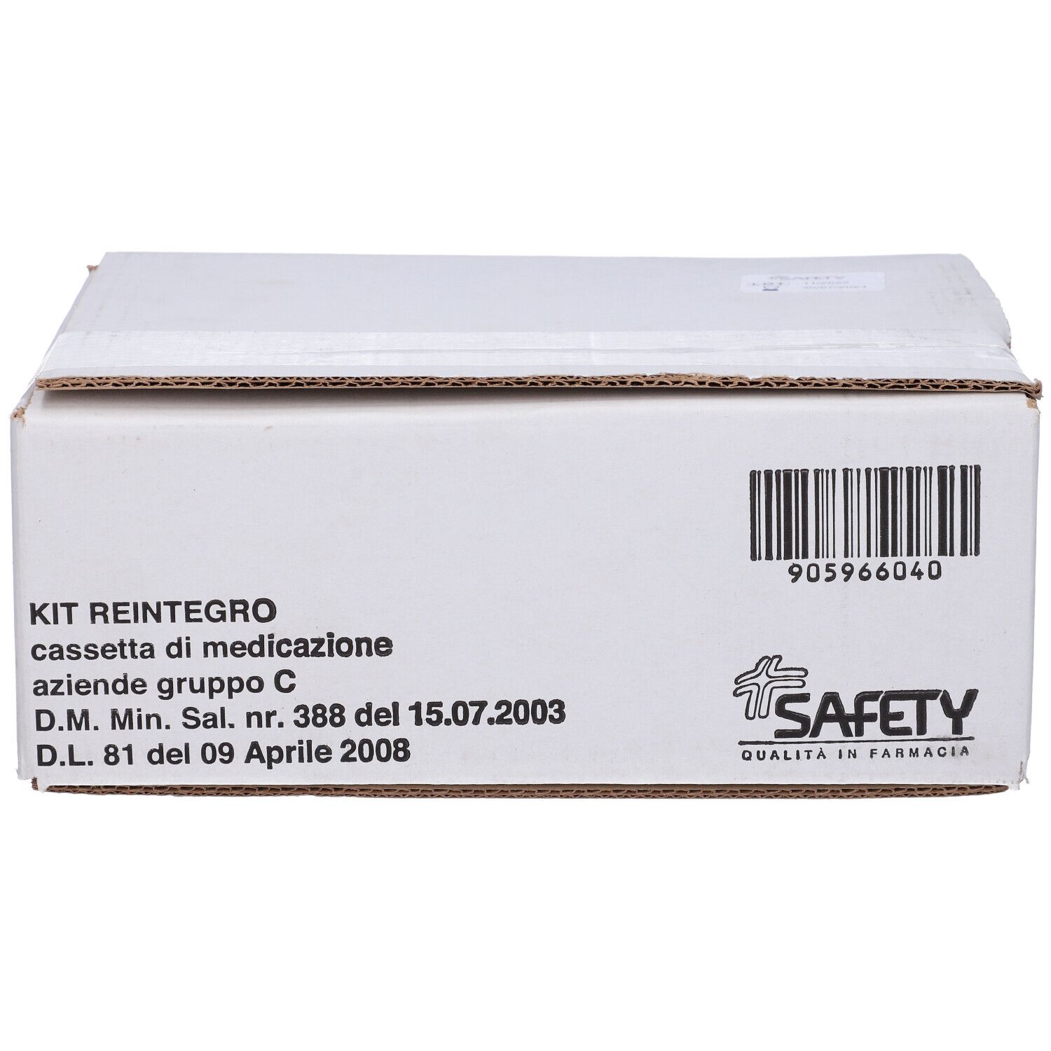 Scatola bianca con scritta KIT REINTEGRO, codice a barre e logo SAFETY. Testo in italiano.
