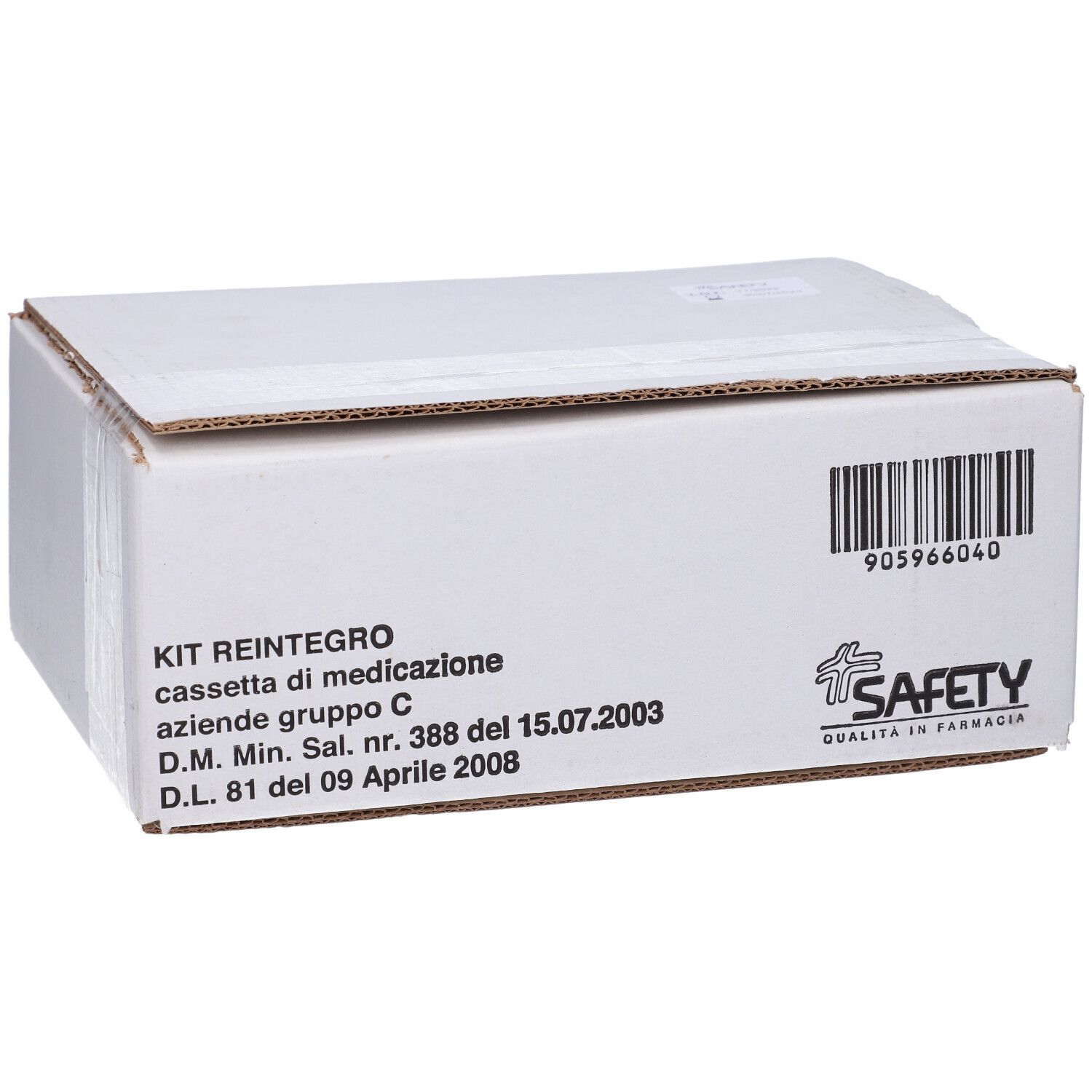 Scatola bianca con scritta KIT REINTEGRO, codice a barre e logo SAFETY. Testo in italiano.
