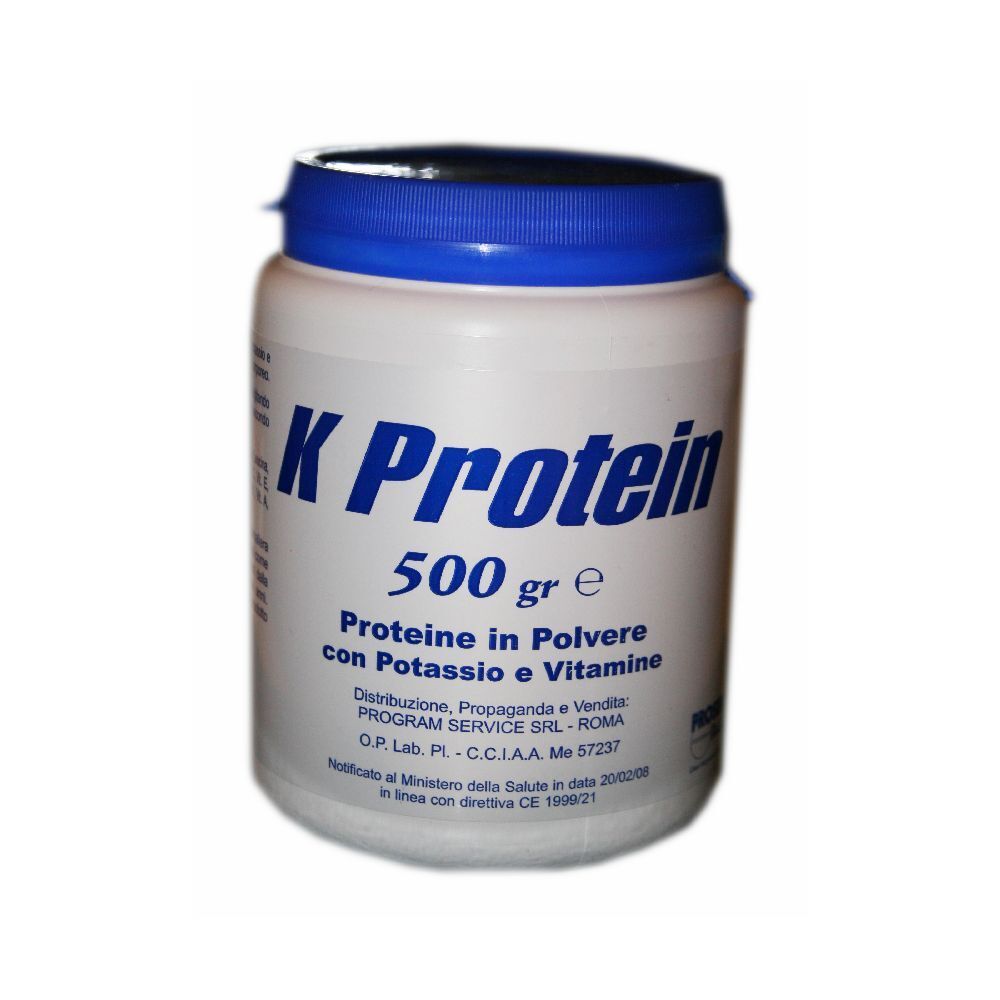 Contenitore bianco di polvere K Protein con coperchio blu. Scritta: 500 gr e, Proteine in Polvere con Potassio e Vitamine.
