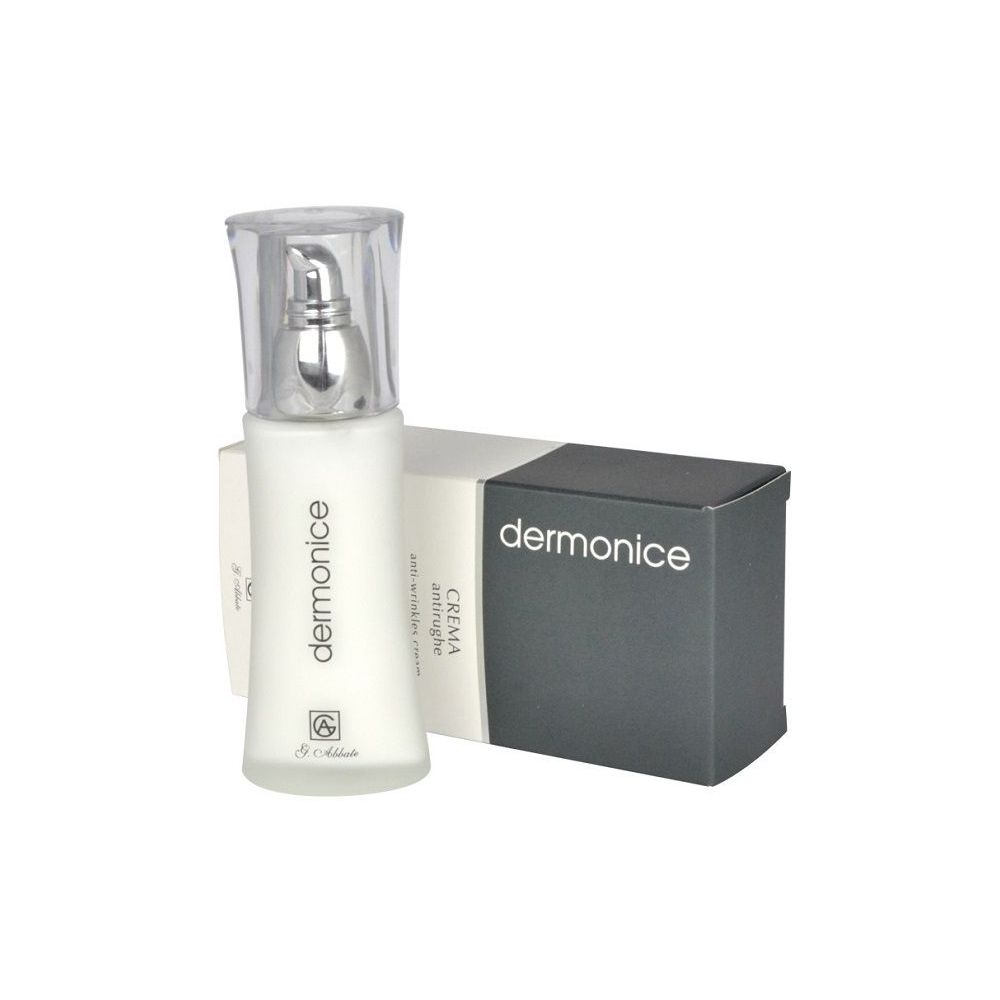 Flacone crema con dosatore e scatola. Scritta: dermonice. Scatola: grigia e bianca.