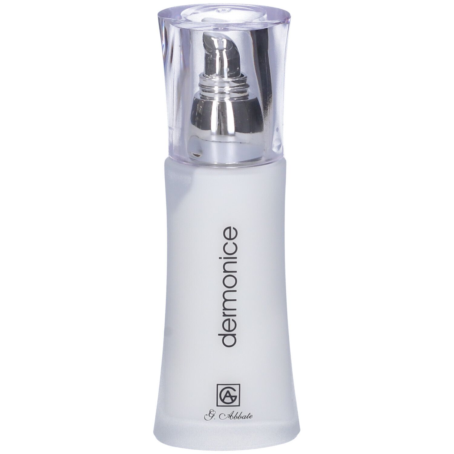 Flacone crema bianco con dosatore. Scritta: dermonice. Logo: G. Abbate. Coperchio trasparente.
