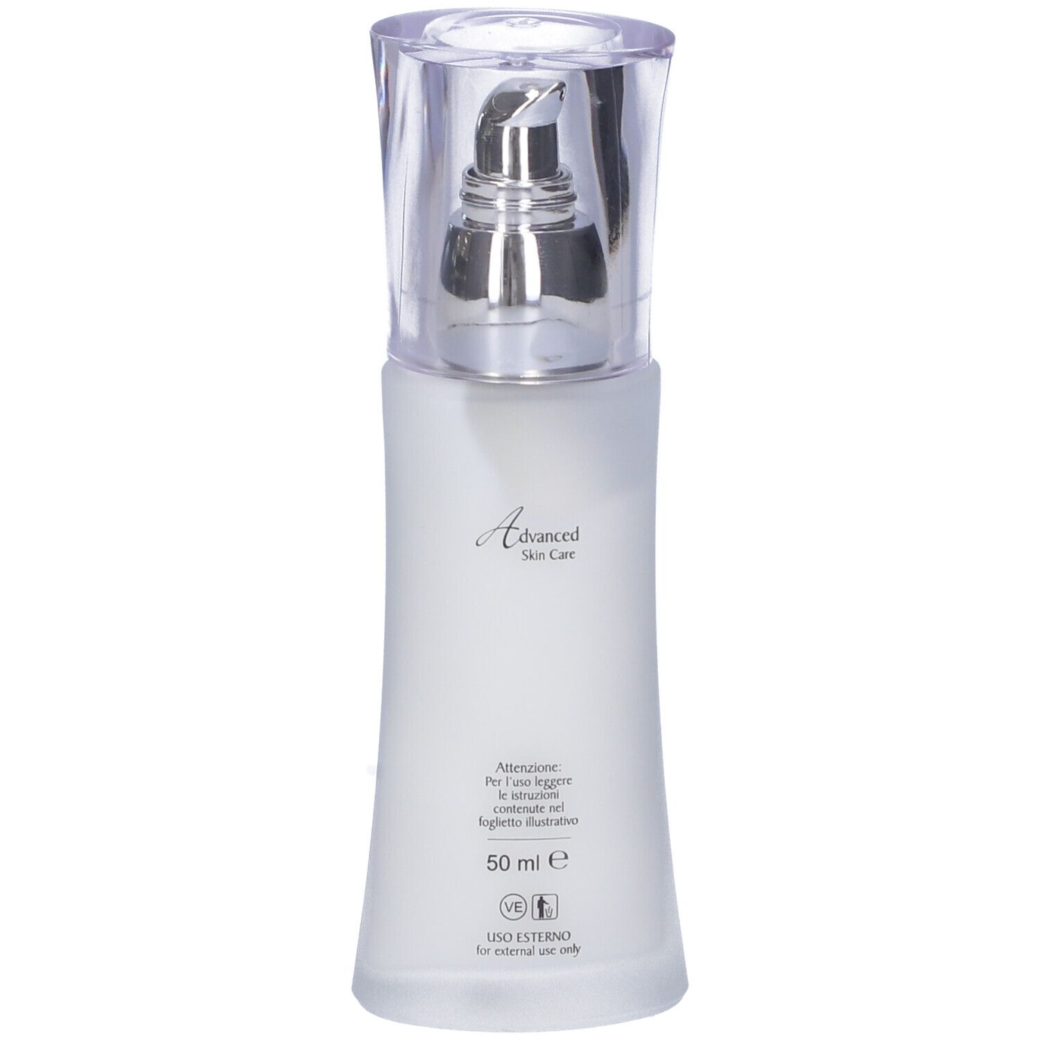 Flacone crema bianco con dosatore. Scritta: dermonice. Logo: G. Abbate. Testo: 50 ml. Per uso esterno.