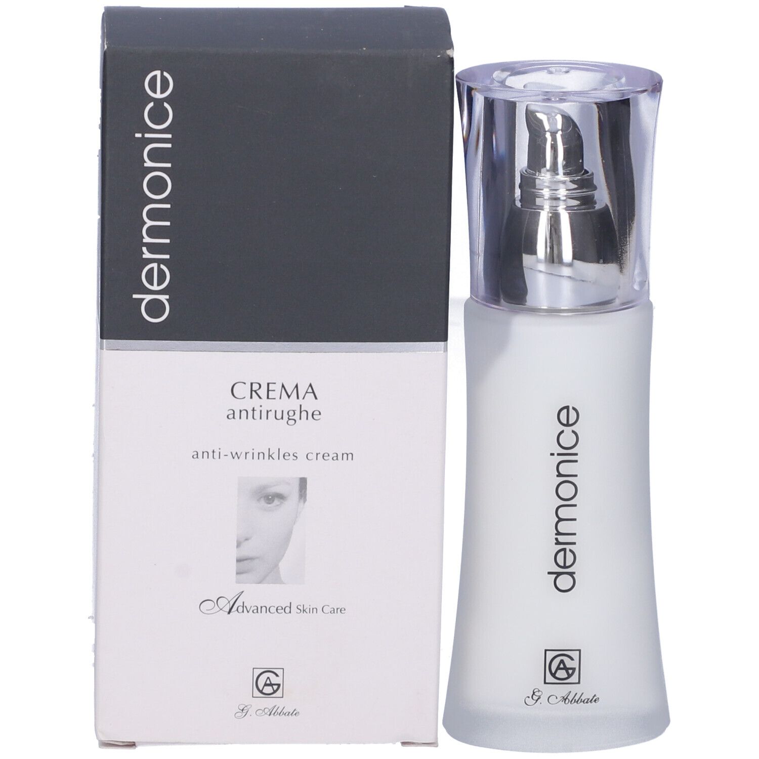 Flacone crema e scatola. Scritta: dermonice. Testo: CREMA antirughe. Immagine: viso. Logo: G. Abbate.