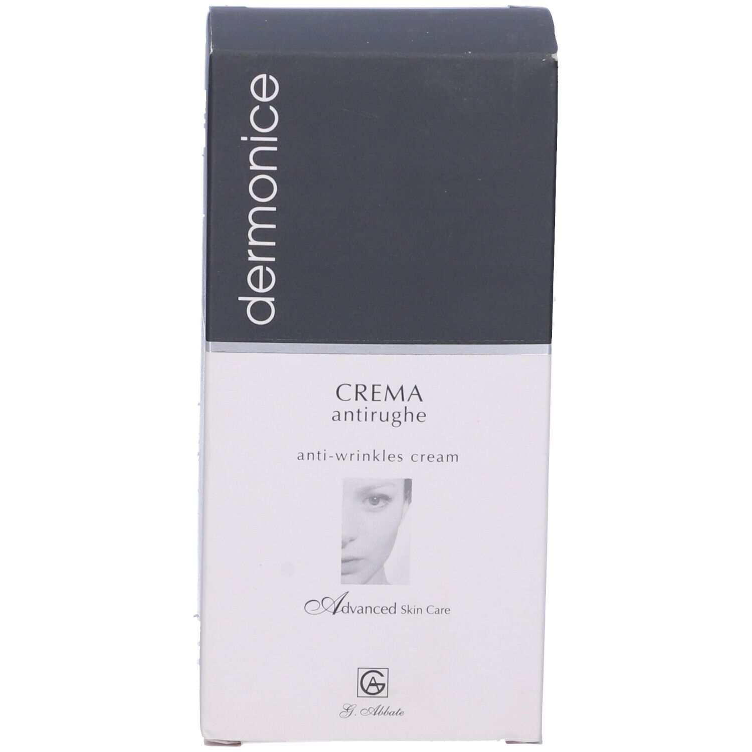 Scatola. Scritta: dermonice. Testo: CREMA antirughe. Immagine: viso. Logo: G. Abbate. Grigia e bianca.
