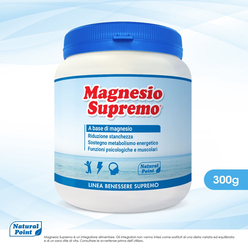 Weißes Produktglas mit blauem Deckel. Aufschrift: Magnesio Supremo. Enthält Magnesium. 300g. Natural Point Logo.
