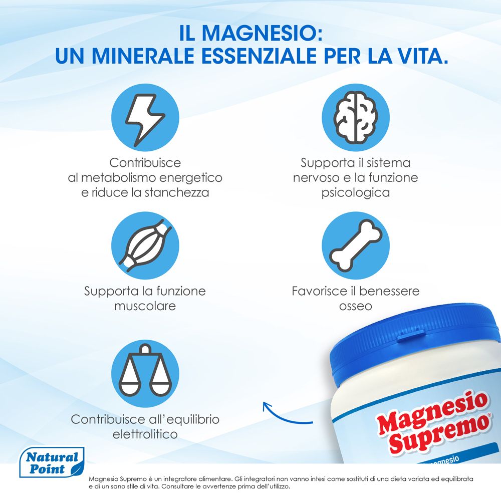 Produktglas mit blauem Deckel. Aufschrift: Magnesio Supremo. Vorteile: Energiestoffwechsel, Nervensystem, Muskeln, Knochen.