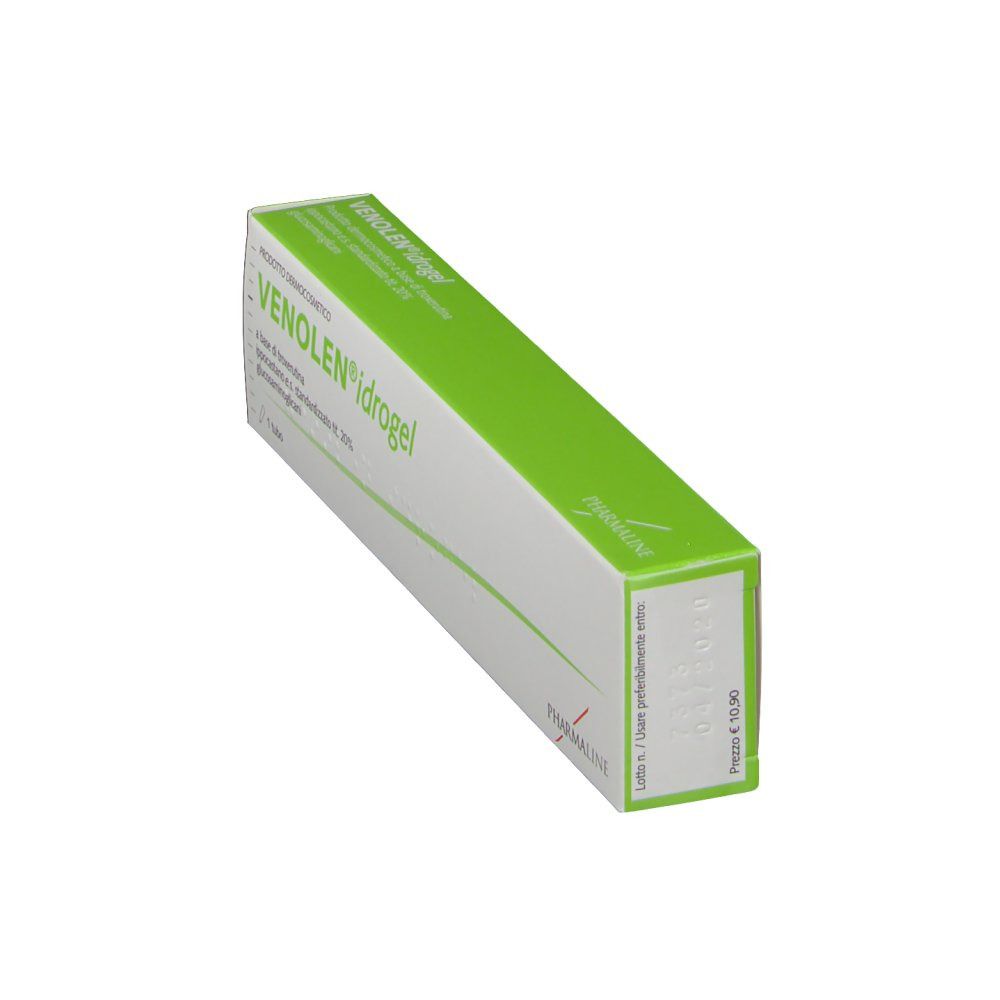 Schräg gestellte Verpackung mit grünem Deckel. Aufschrift: Venolen® idrogel. Marke: Pharmaline. Produktbezeichnung.