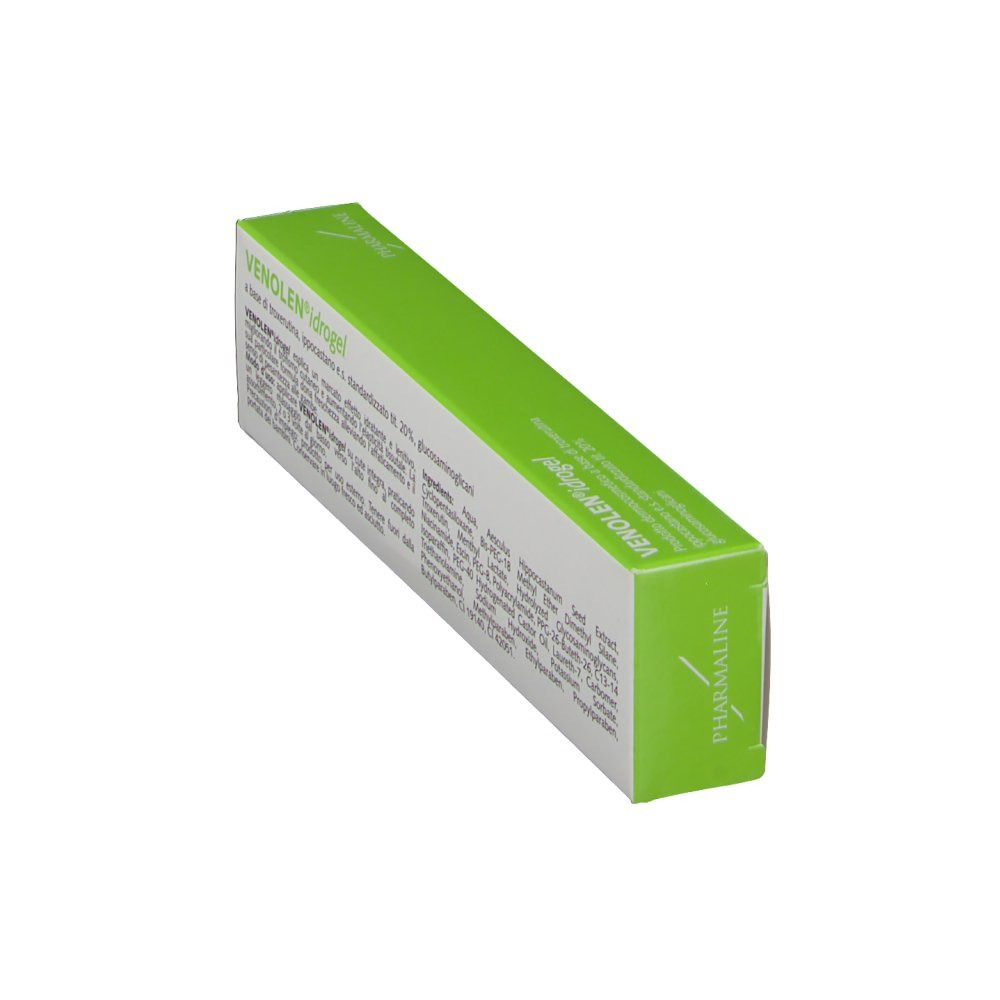 Schräg gestellte Verpackung mit grünem Deckel. Aufschrift: Venolen® idrogel. Marke: Pharmaline. Produktbezeichnung.