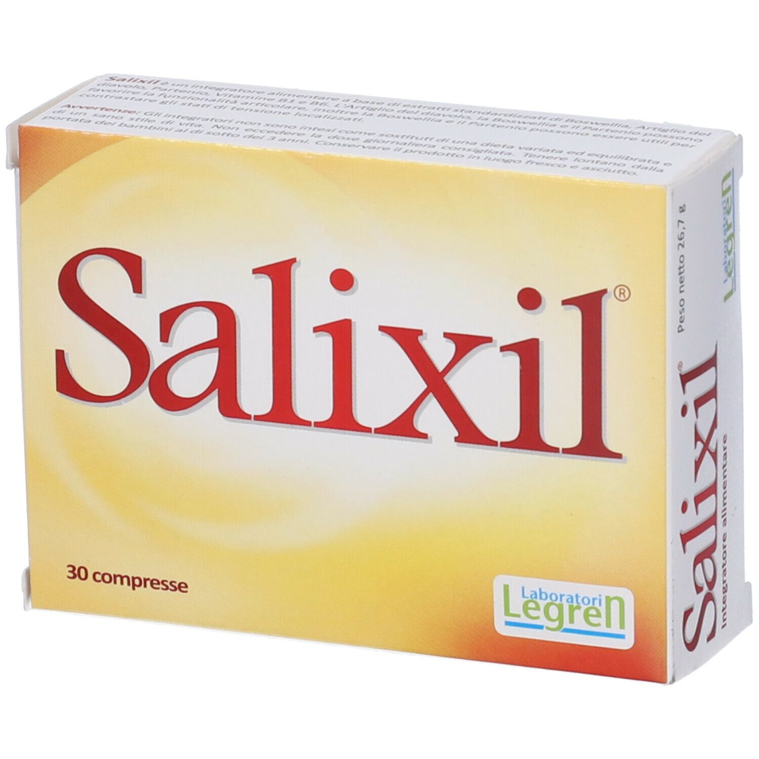 Scatola con scritta Salixil. Sulla scatola si legge 30 compresse e il logo Legren.