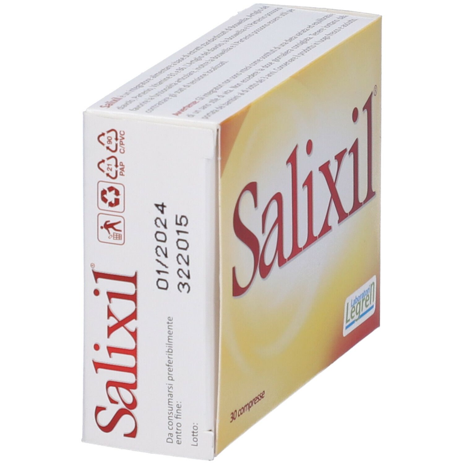 Scatola con scritta Salixil. Sul lato sono presenti informazioni e il logo Legren.