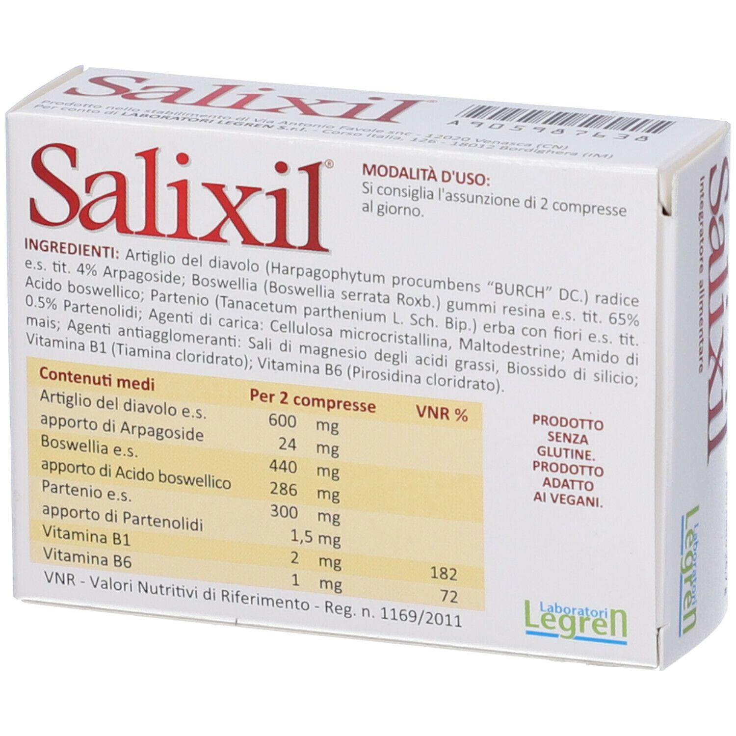 Scatola con scritta Salixil. Sulla scatola sono presenti ingredienti e il logo Legren.