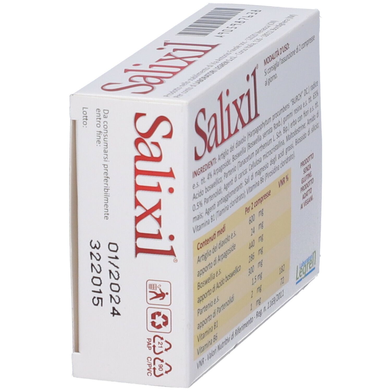 Scatola con scritta Salixil. Sul lato sono presenti informazioni e il logo Legren.