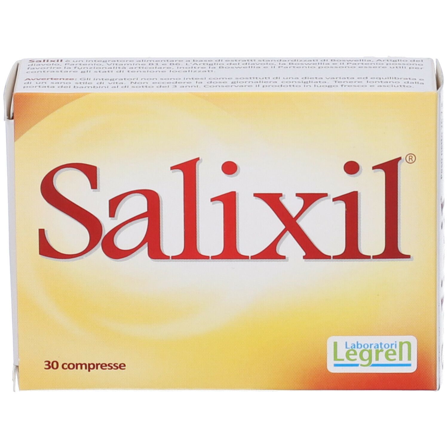 Scatola con scritta Salixil. Sulla scatola si legge 30 compresse e il logo Legren.