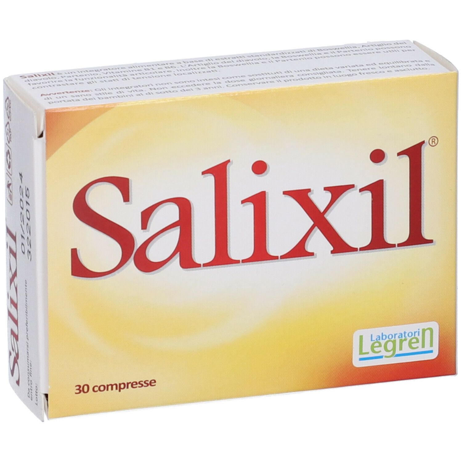 Scatola con scritta Salixil. Sulla scatola si legge 30 compresse e il logo Legren.