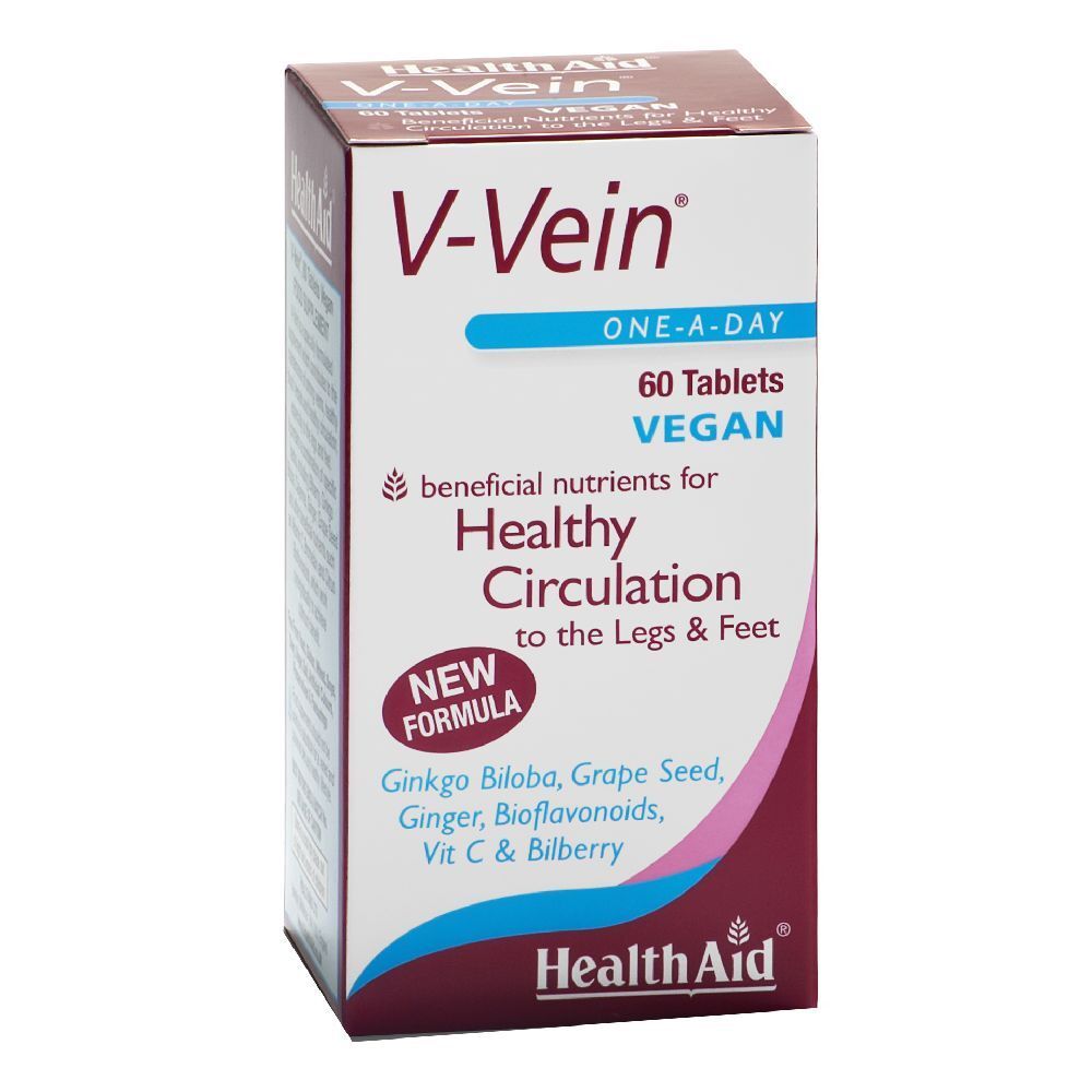 Confezione di V-Vein. Scatola bianca con nome del prodotto, 60 compresse, vegano. Contiene ingredienti per la circolazione sanguigna.