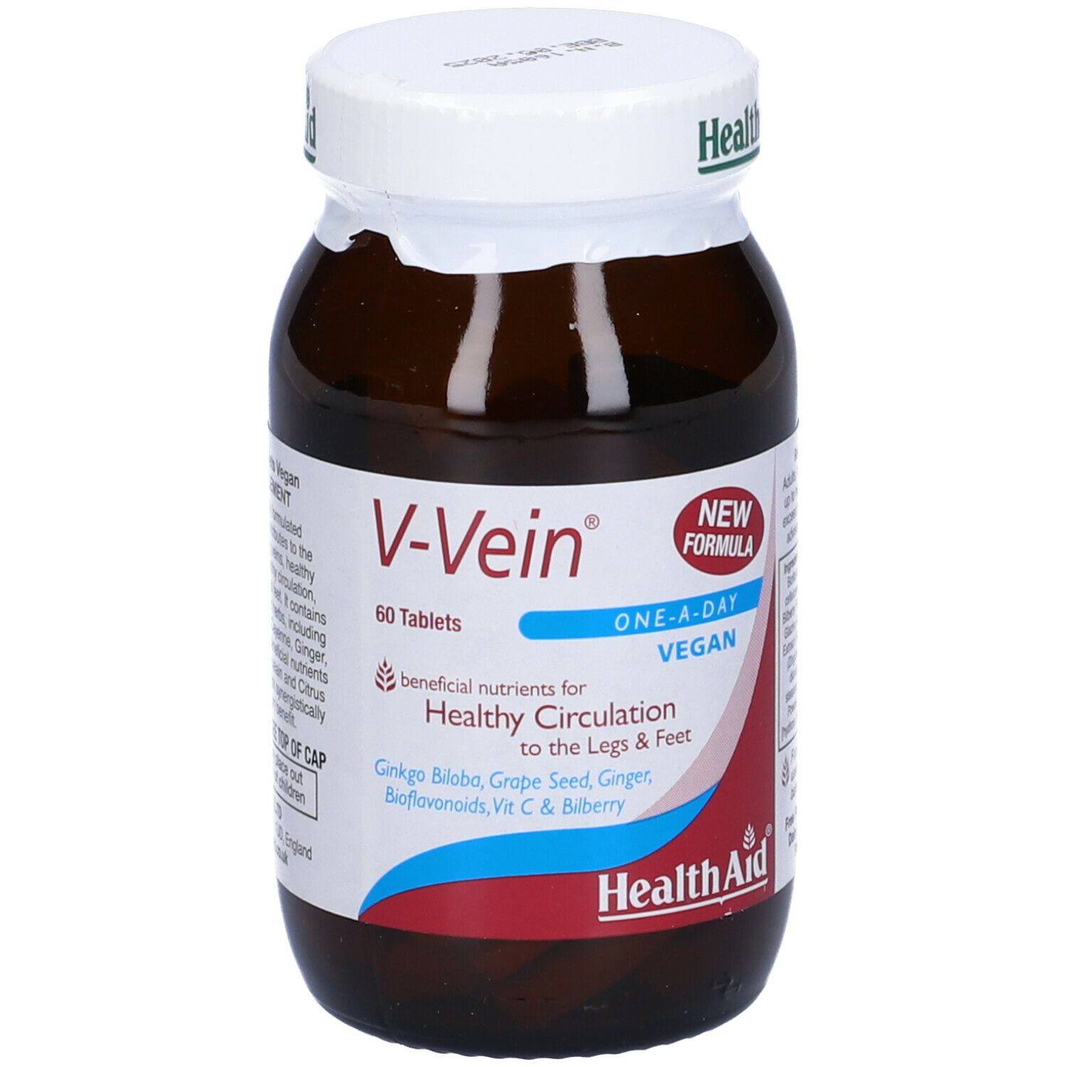 Flacone di vetro marrone V-Vein. 60 compresse, vegano. Contiene ingredienti per la circolazione sanguigna. Con tappo bianco.