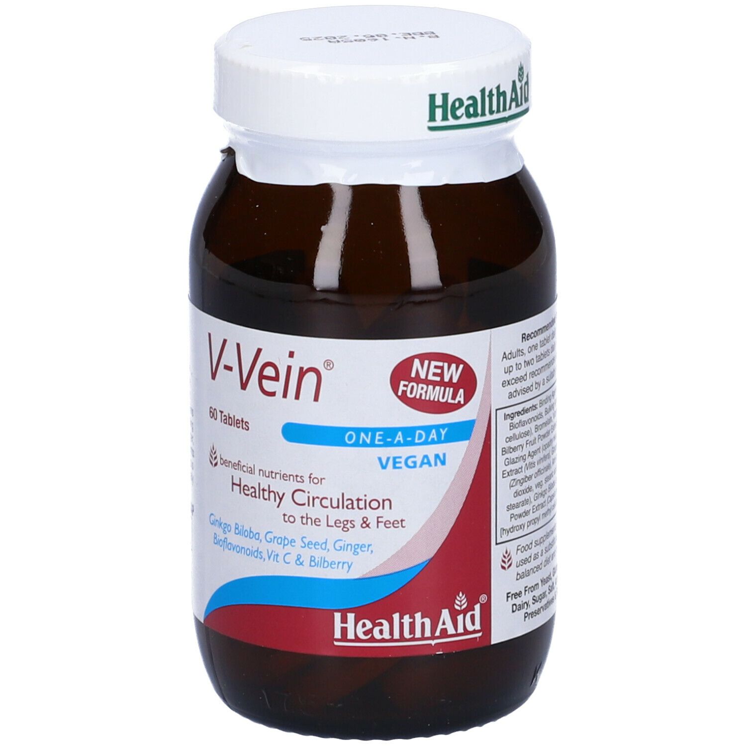 Flacone V-Vein. Flacone di vetro marrone con tappo bianco. Contiene informazioni sugli ingredienti e l'uso.