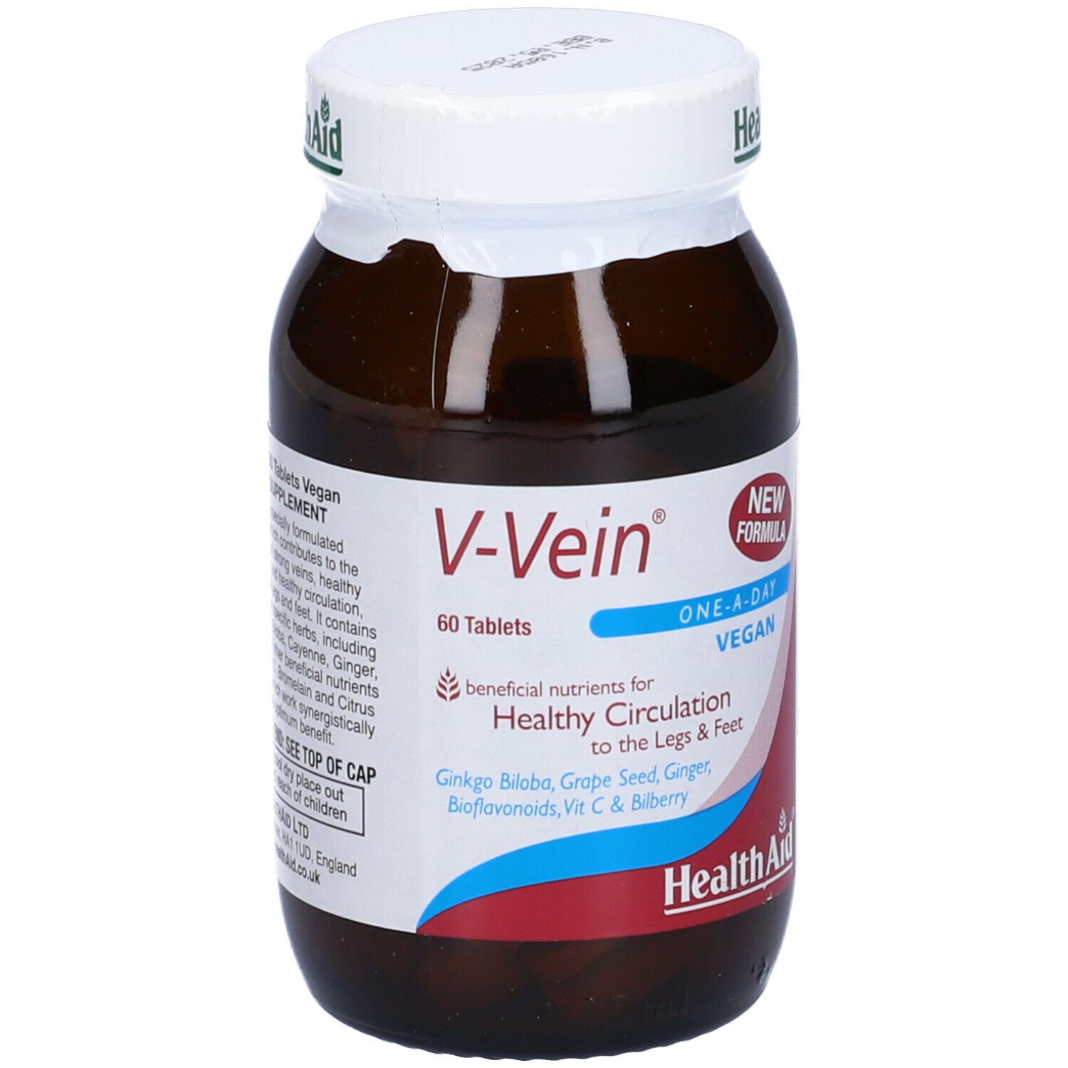 Flacone V-Vein. Flacone di vetro marrone con tappo bianco. Contiene informazioni sugli ingredienti e l'uso.