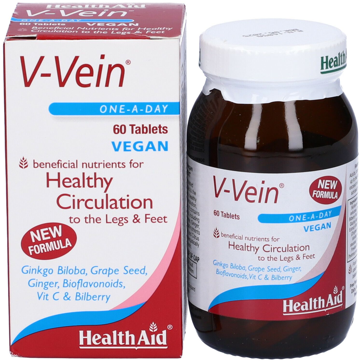 Prodotto V-Vein. Flacone e scatola affiancati. Flacone marrone, scatola bianca. Contiene 60 compresse.