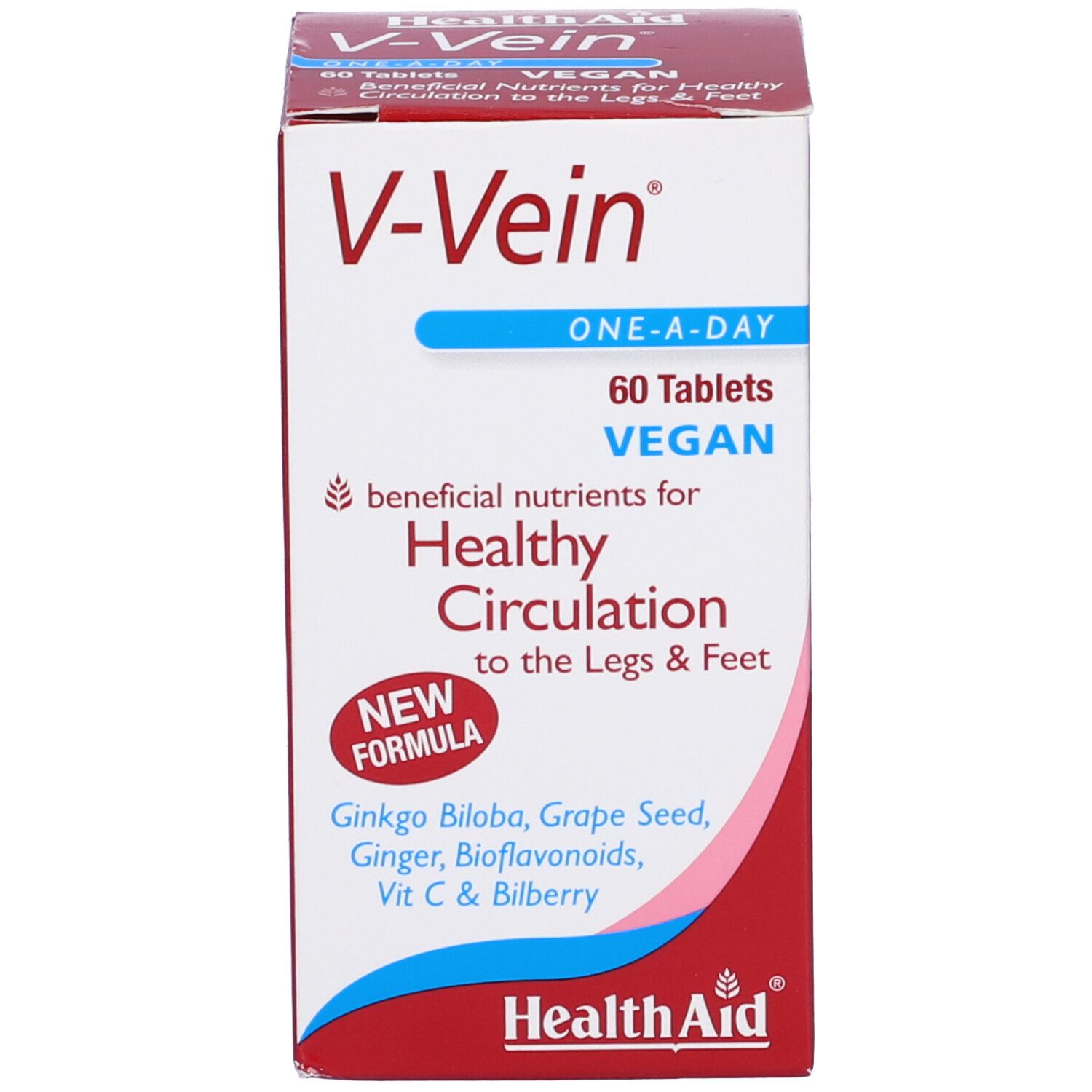 Confezione di V-Vein. Scatola bianca con nome del prodotto, 60 compresse, vegano. Contiene ingredienti per la circolazione sanguigna.
