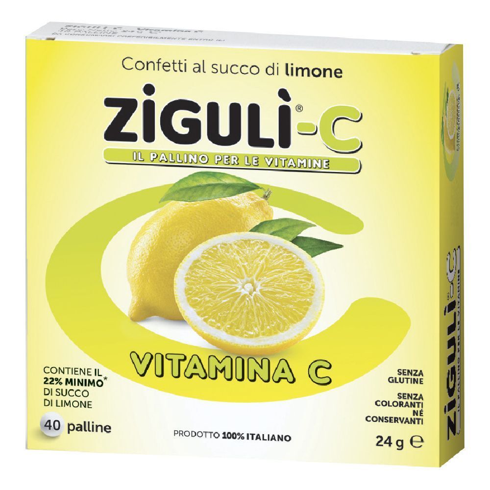 Schachtel mit Ziguli-C Limone. Aufdruck: Vitamin C, 40 Pastillen, 24g. Abbildung: Zitrone und Zitronenscheibe.